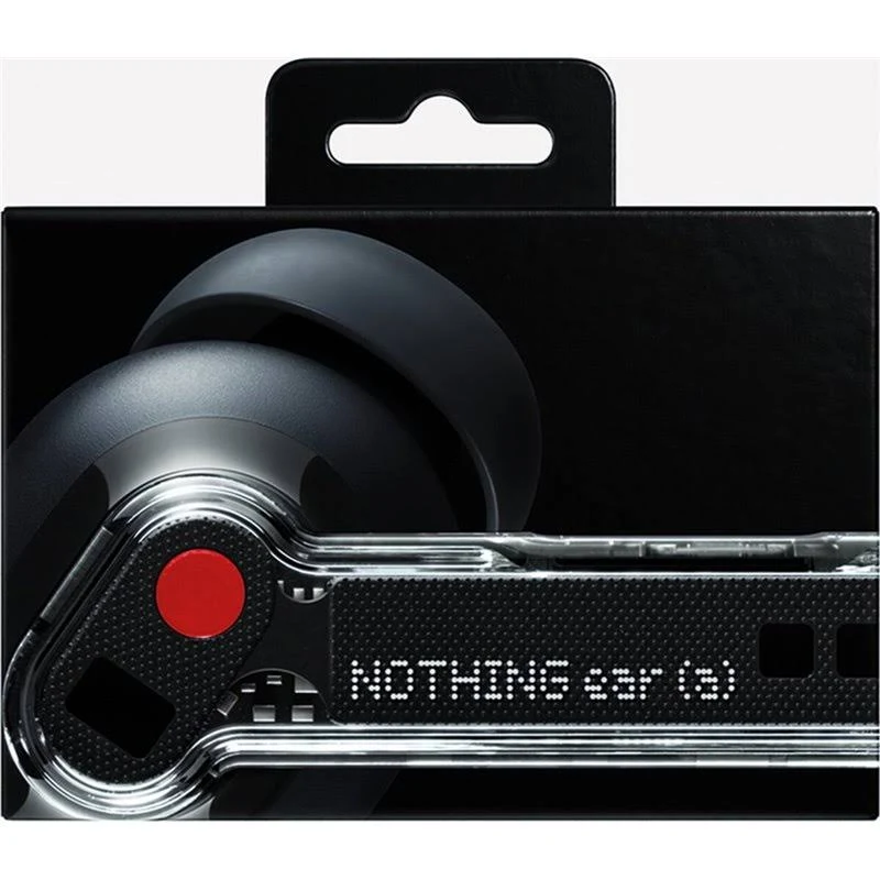 Auriculares negros en una caja, con el nombre "NOTHING ear (s)" visible. Botón rojo al lado.