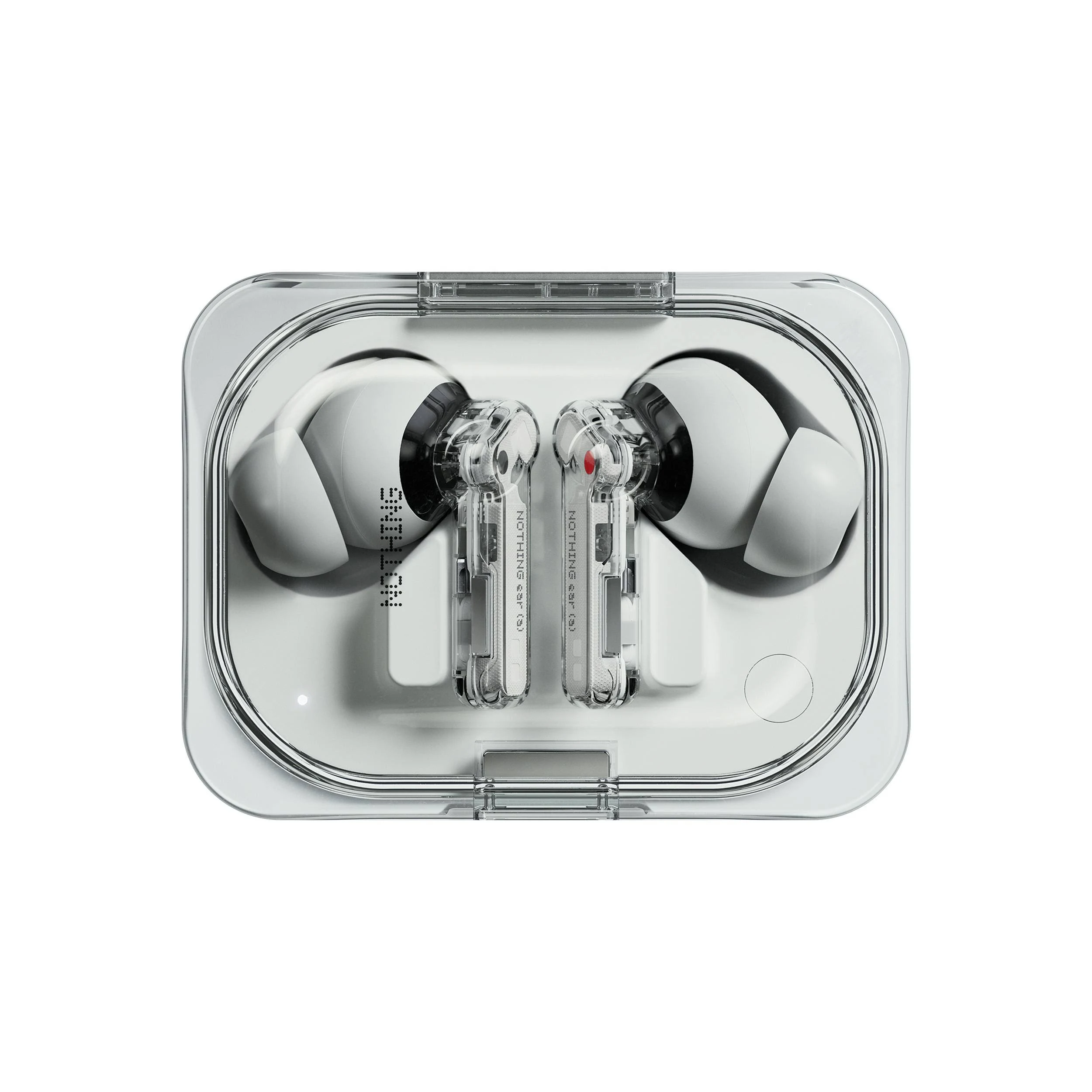 Estuche transparente con auriculares blancos. El estuche está abierto, mostrando los auriculares y sus componentes internos. Fondo blanco.
