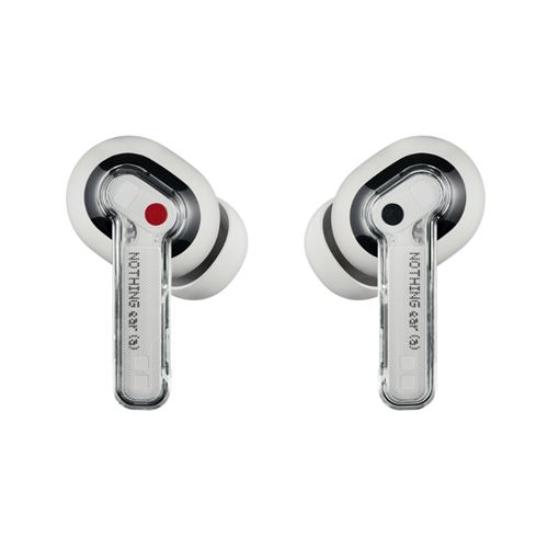 Auriculares blancos con un punto rojo y negro, con el texto 'NOTHING ear (1)'.