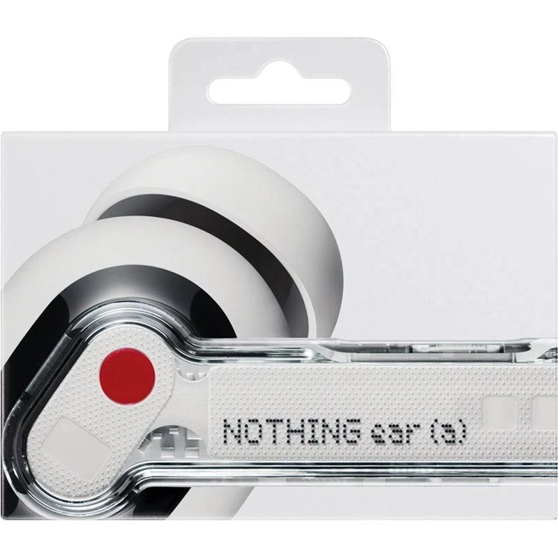 Estuche blanco Nothing ear (stick) con auriculares. Punto rojo en el auricular. La caja es blanca.