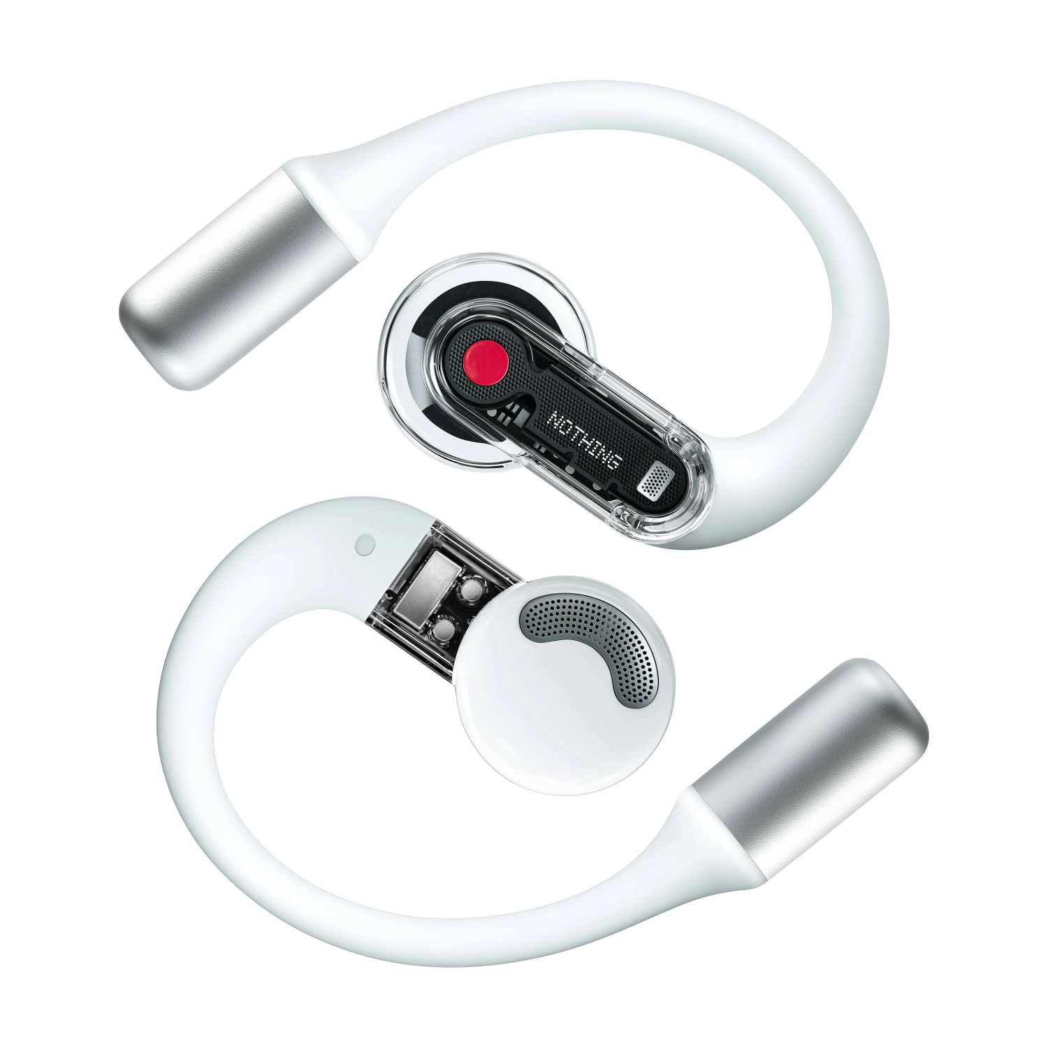 Auriculares blancos con detalles plateados, un detalle rojo y acentos transparentes.