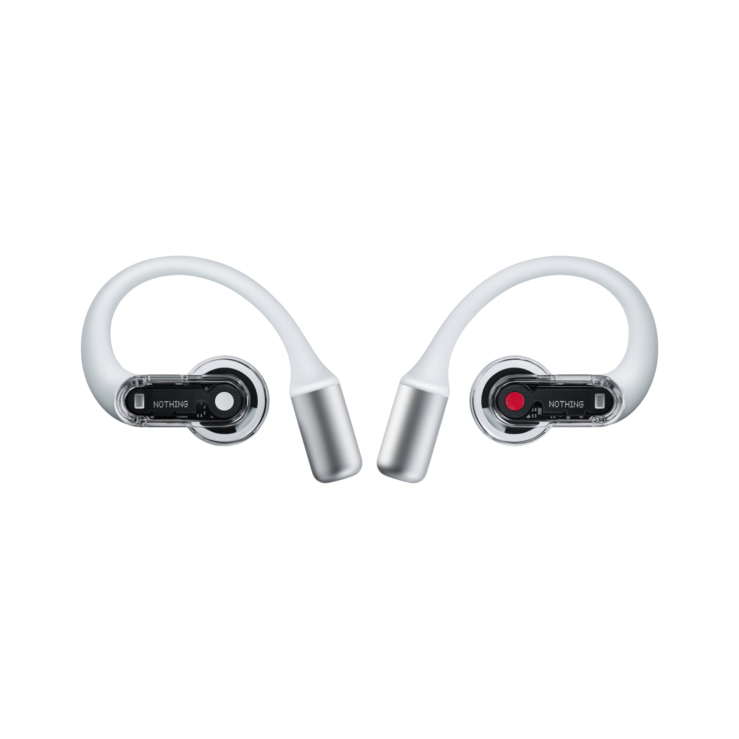 Par de auriculares blancos con detalles plateados, partes internas negras, detalles rojos y transparentes.