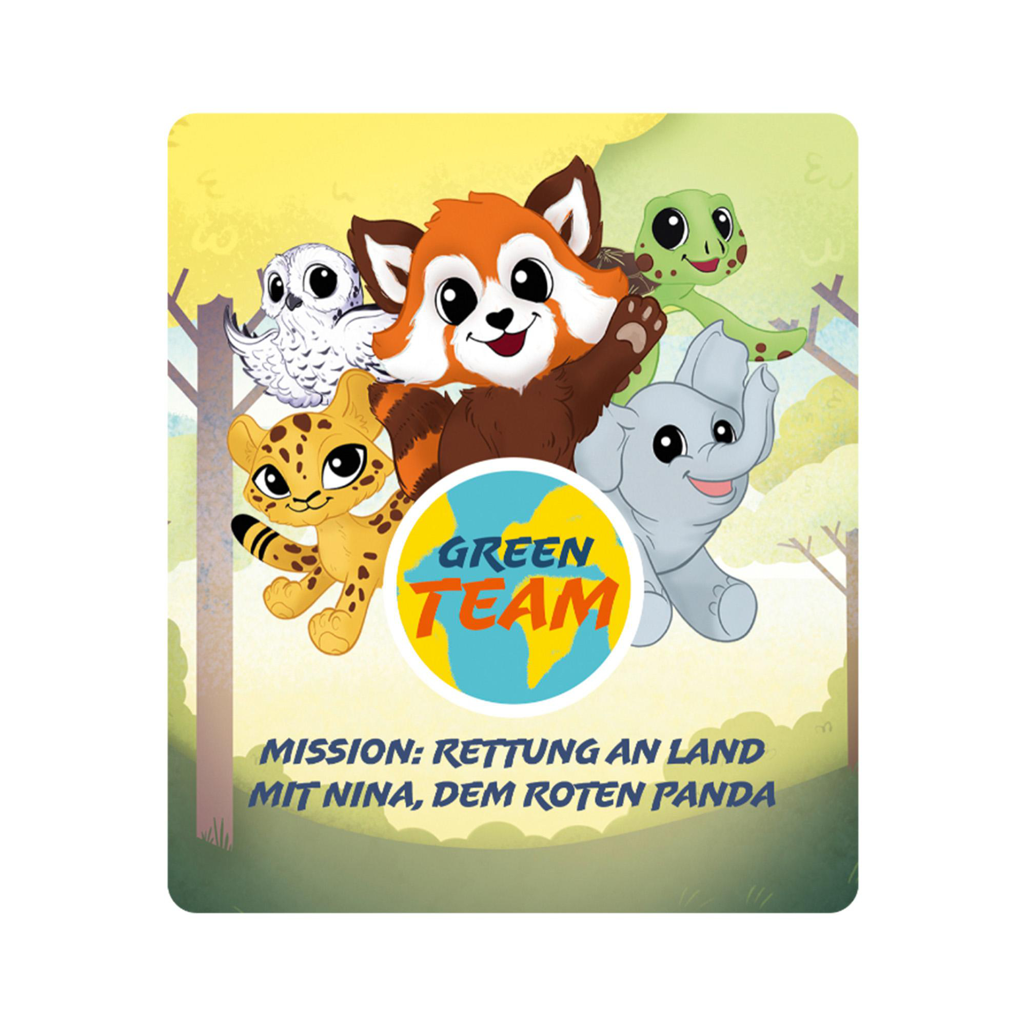 Eine spielerische Karte mit Cartoon-Tieren und einem grünen Team-Label.