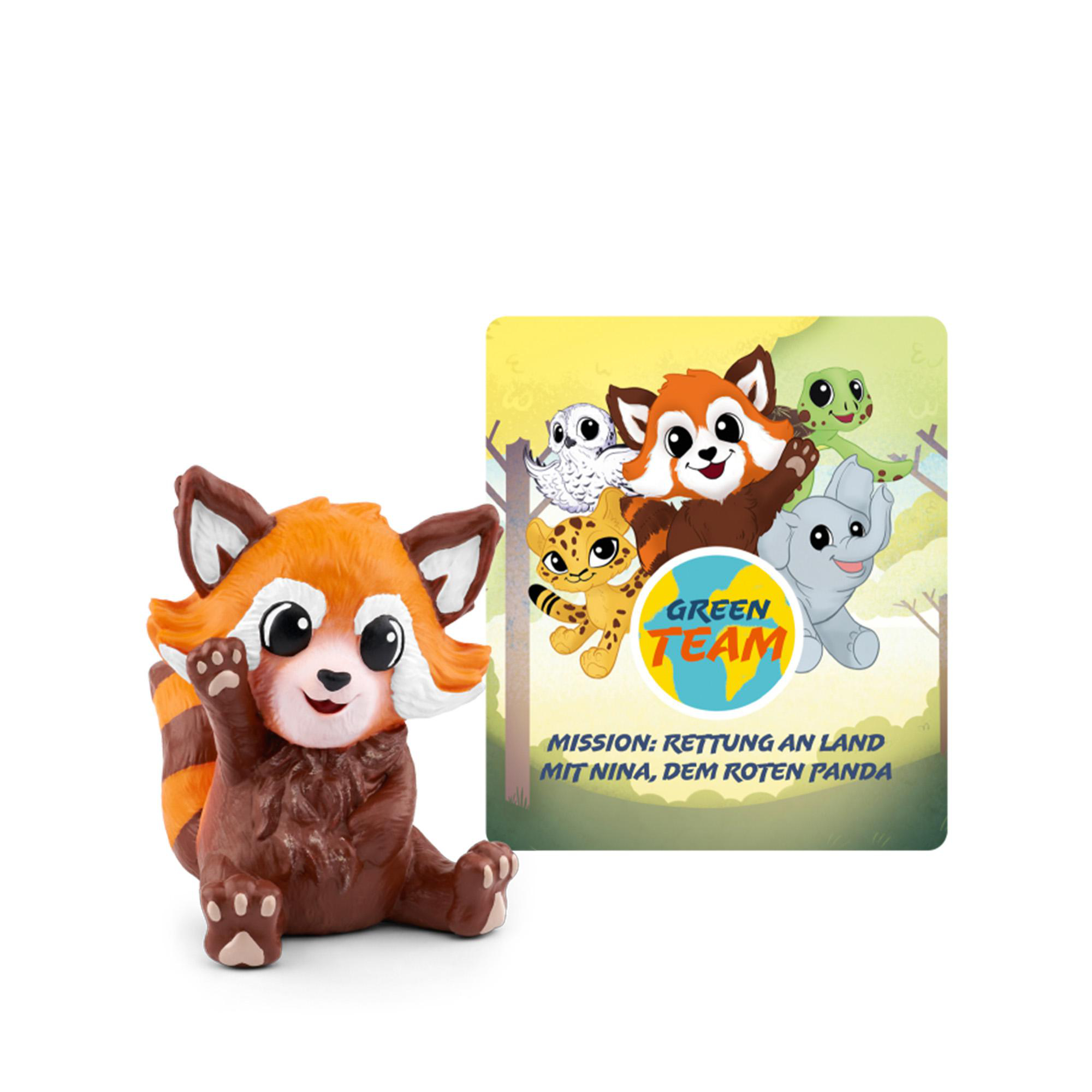 Eine rote Panda-Figur und eine Karte mit Zeichentieren und Text: 'GREEN TEAM'.