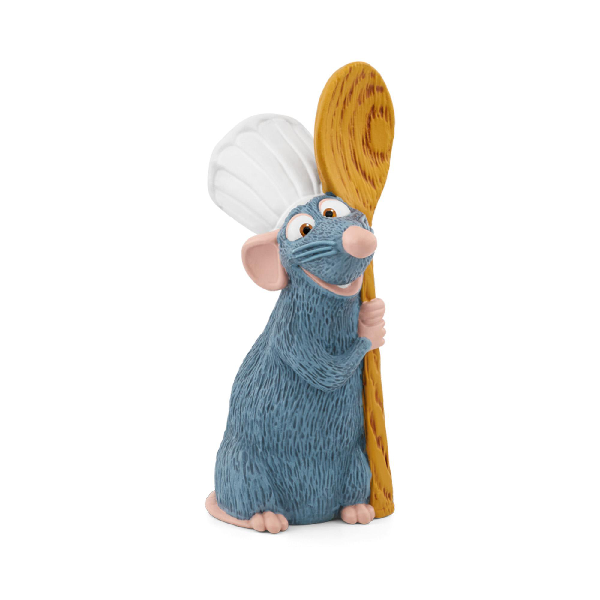 Eine blaue Ratte Koch mit einem Holzlöffel, lächelnd, weißer Kochhut.
