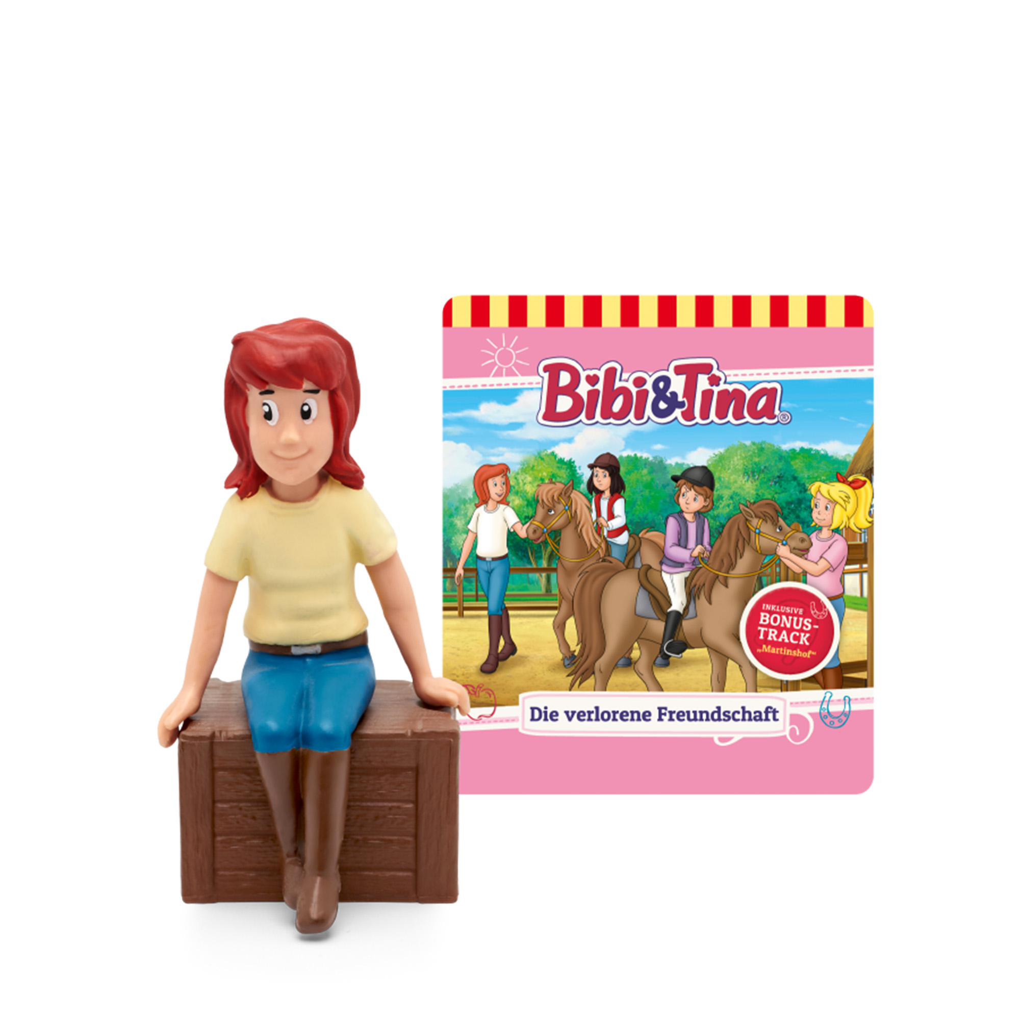 Bibi & Tina Spielfigur und Buchcover mit Mädchen auf Pferden. Buchtitel: 'Die verlorene Freundschaft'.