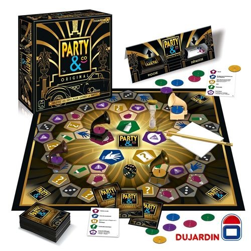 Party and Co. board game set, with various game pieces and a box.