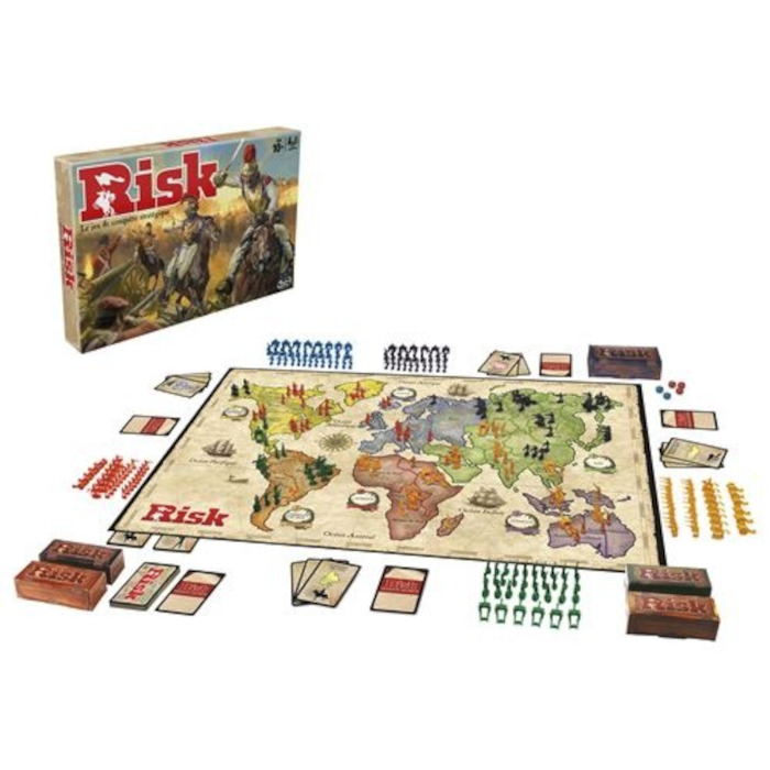 Risk bordspelset met spelbord, kaarten en stukken.