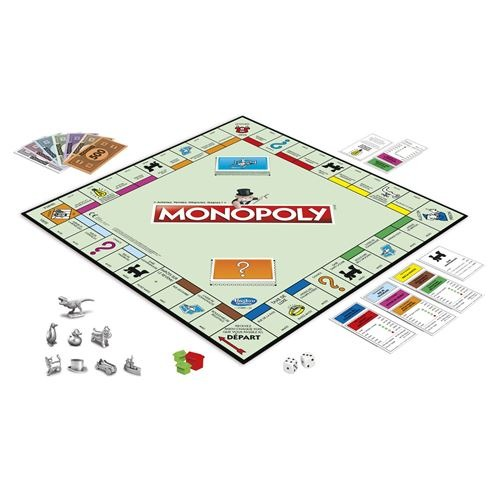 Monopoly bordspel met geld, dobbelstenen en pionnen. Het bord is groen en rood. Witte achtergrond.