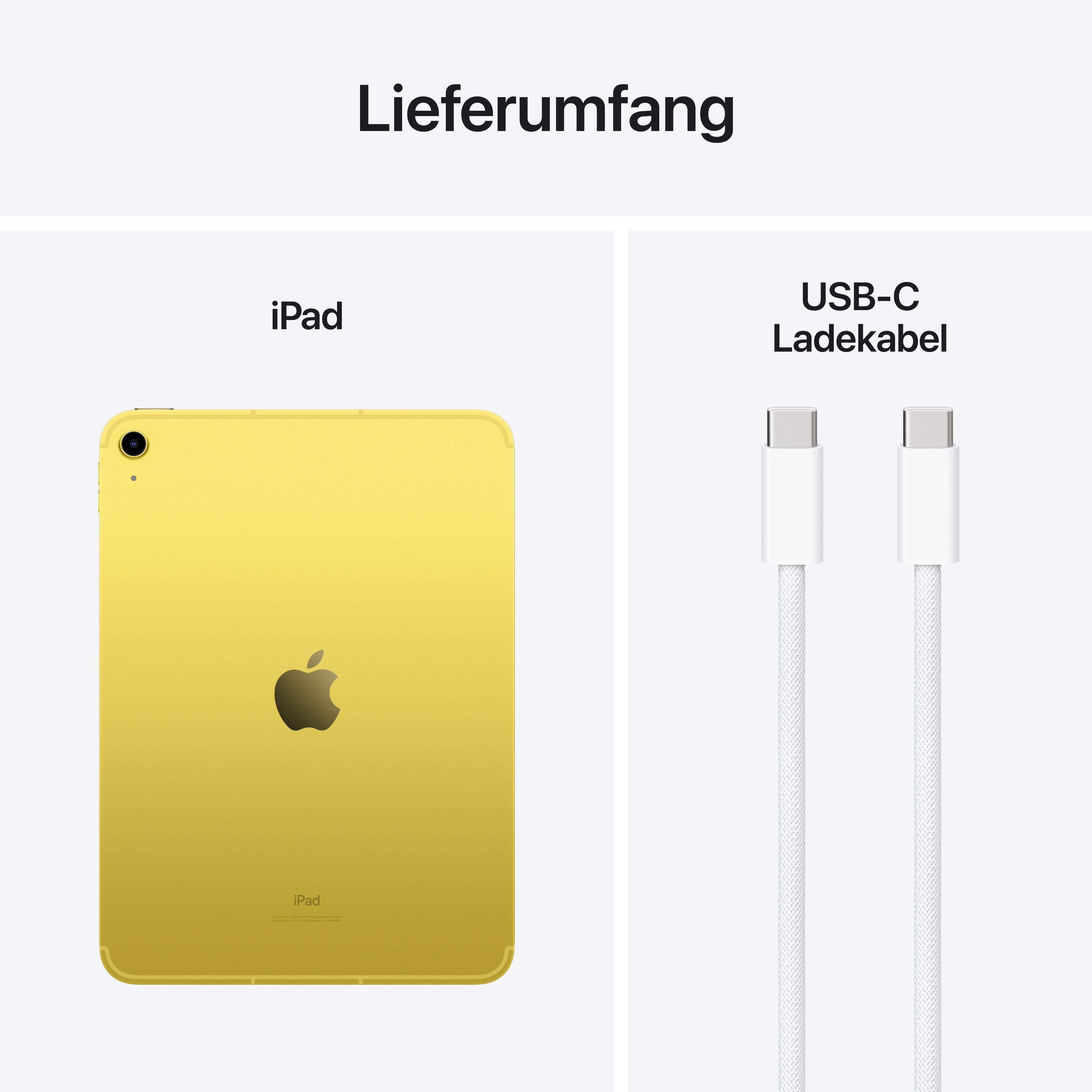 Gelbes iPad und ein weißes USB-C-Kabel auf weißem Hintergrund.