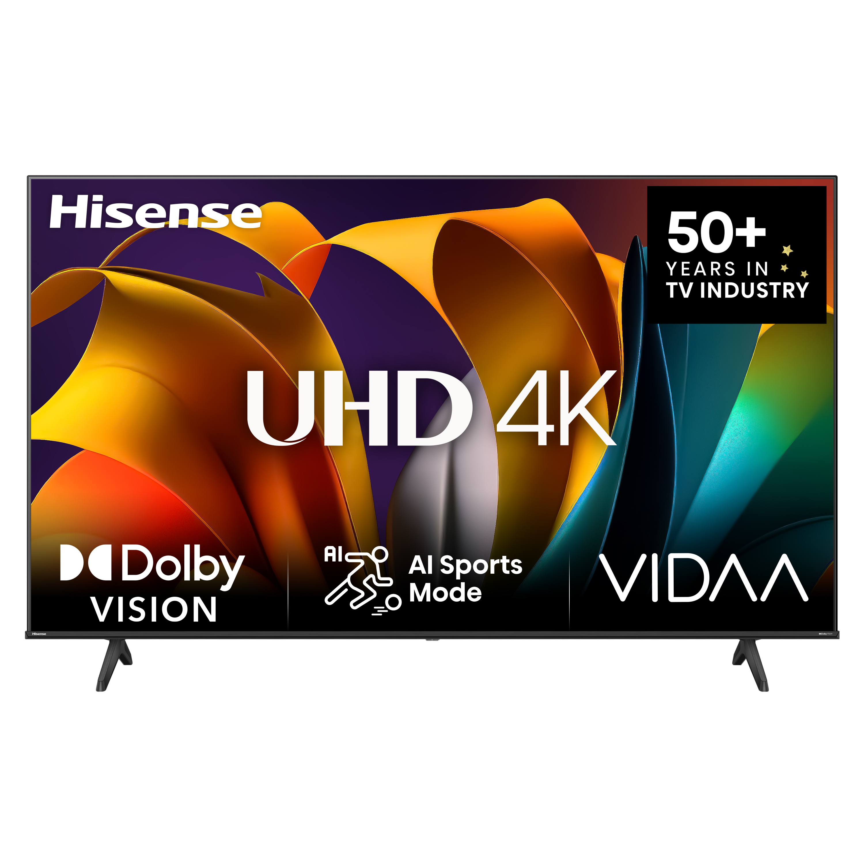 Hisense UHD 4K Fernseher. Der Bildschirm zeigt ein farbenfrohes abstraktes Bild mit dem VIDAA-Logo.