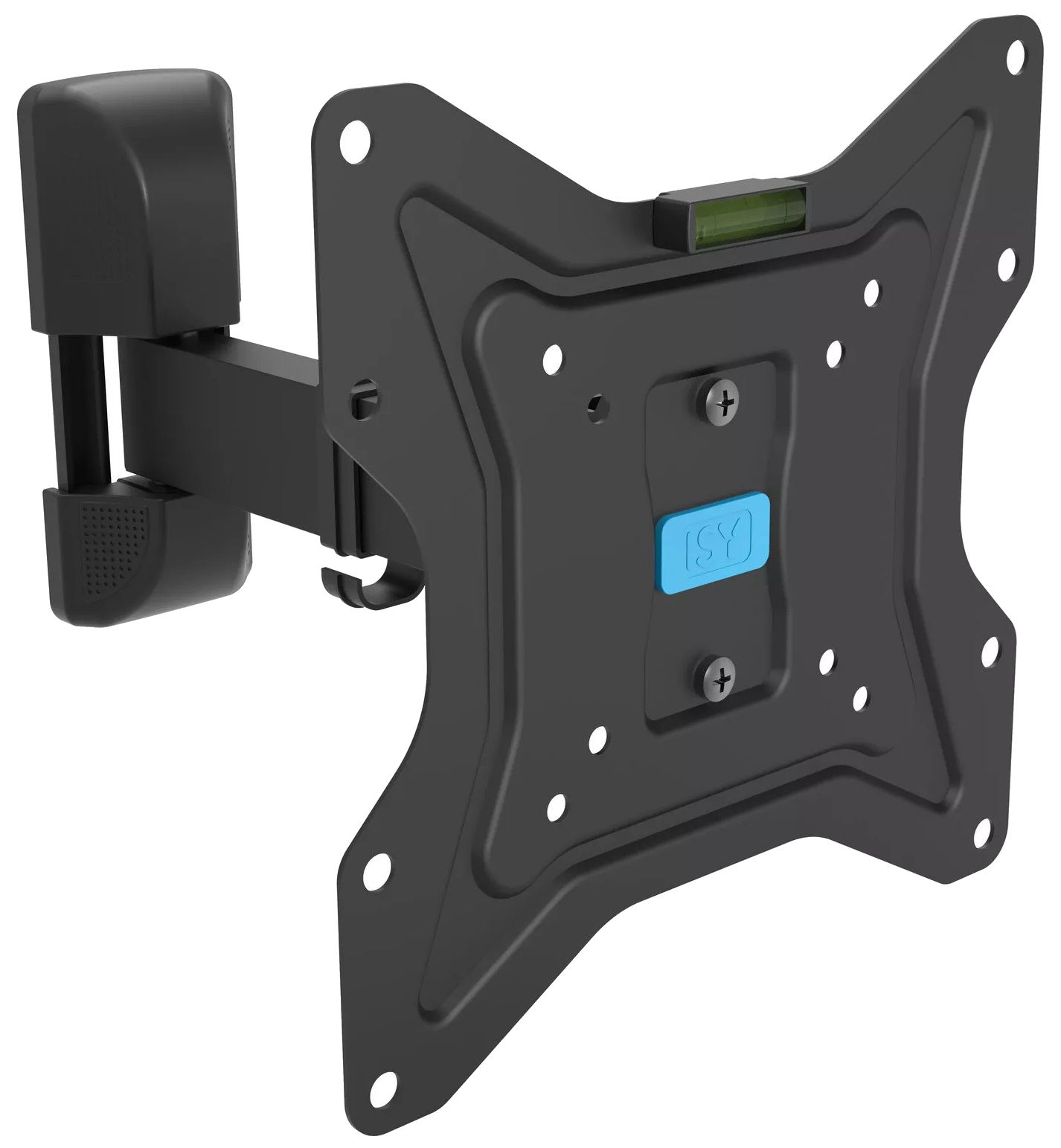 Czarny uchwyt ścienny do telewizora, regulowany, z poziomicą. Czarne tło.