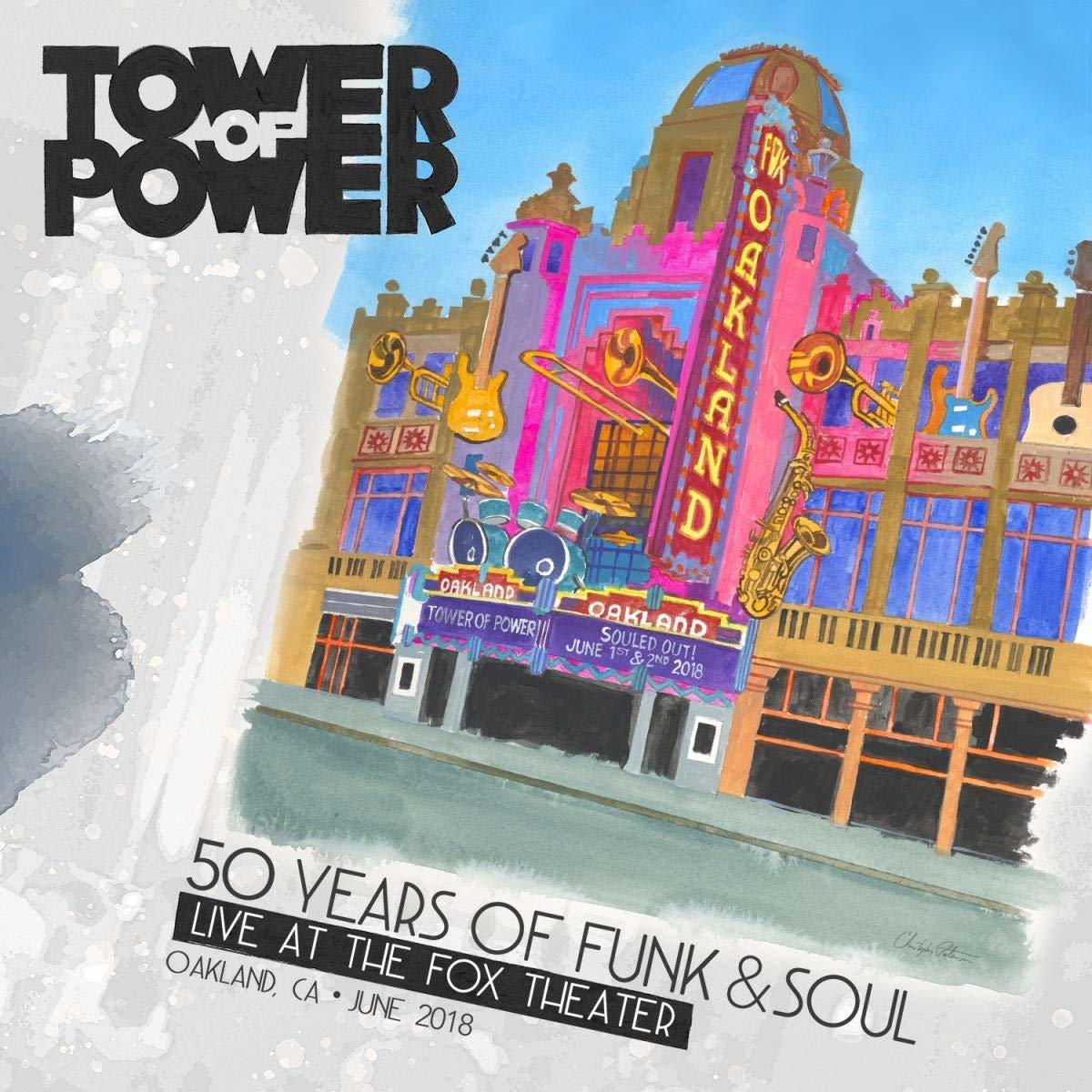 A Tower of Power koncert plakátja a Fox Színházban. Színes épület szöveggel.