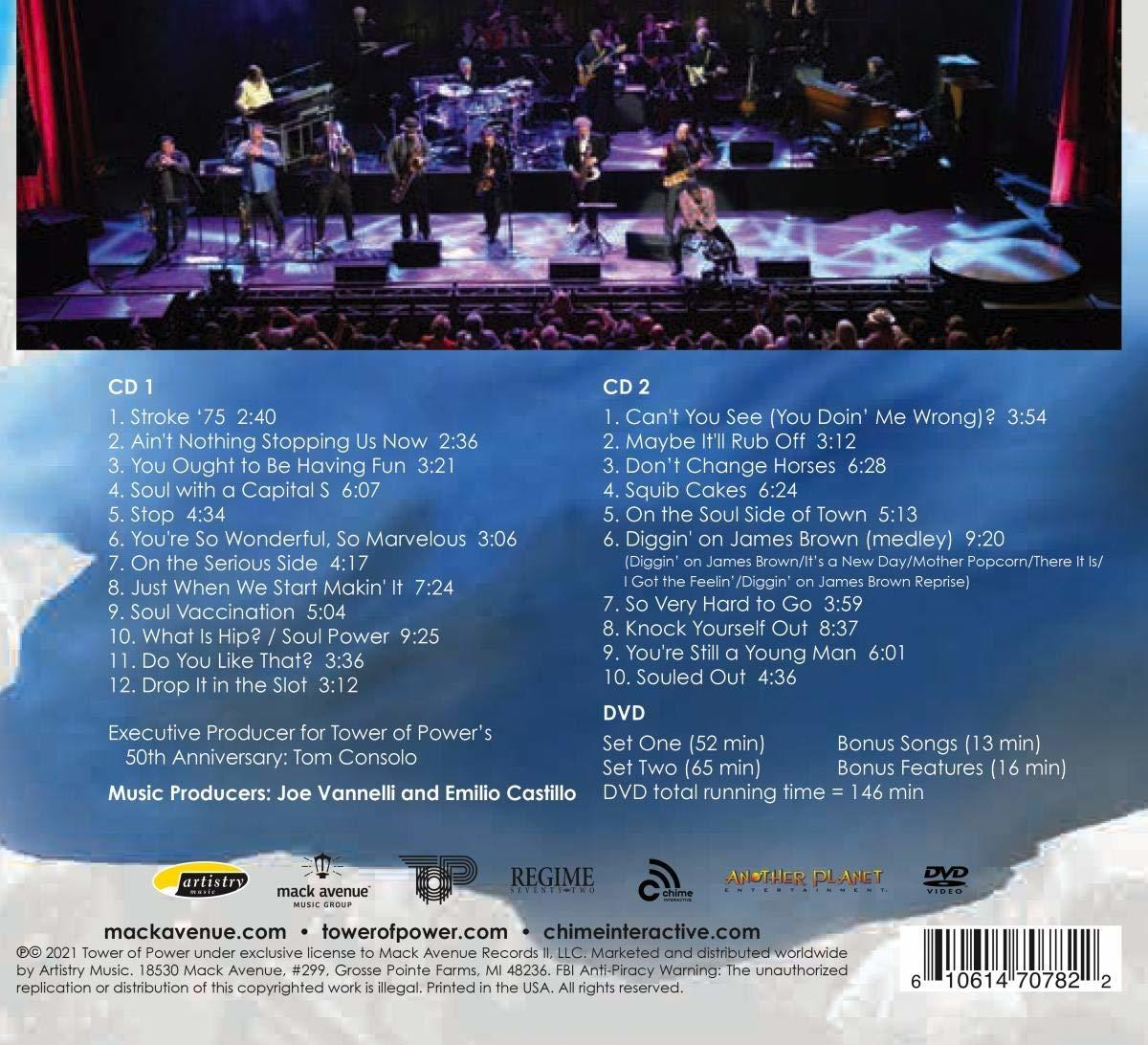 A Tower of Power CD hátlapja. Számlista és zenekari információk kék és fehér háttéren.