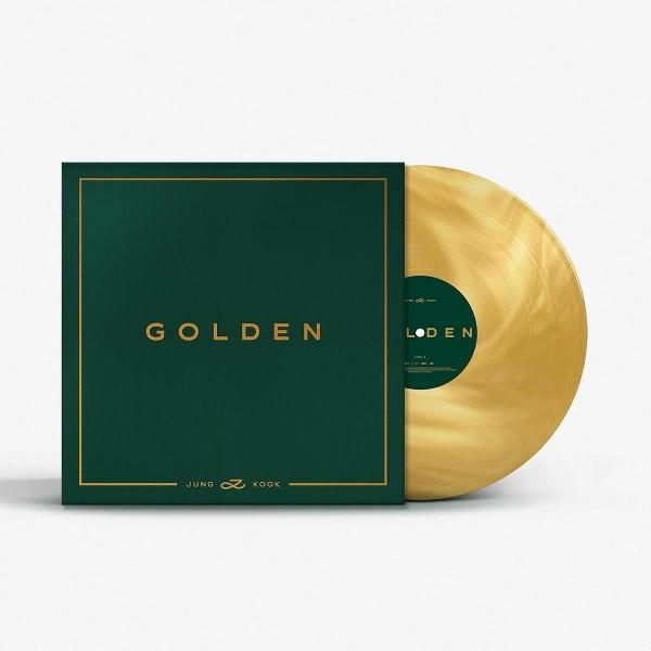 Egy hanglemezalbum aranylemezzel és sötétzöld borítóval, rajta a 'GOLDEN' felirattal.