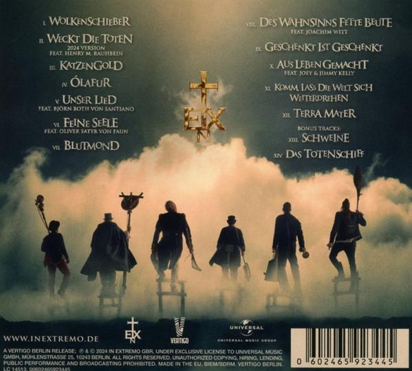 CD-Cover In Extremo Band, Schwarz-Weiß-Bild mit Kreuz.