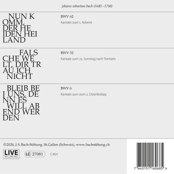 CD-Rückseite mit Text, der Bachs Kompositionen detailliert beschreibt, einschließlich BWV-Nummern und Kantatentitel.