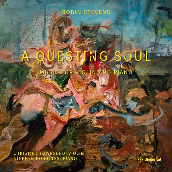 Albumcover-Kunst mit abstrakten Pinselstrichen über einem Gemälde, Text: 'A Questing Soul', Künstler und Instrumente.