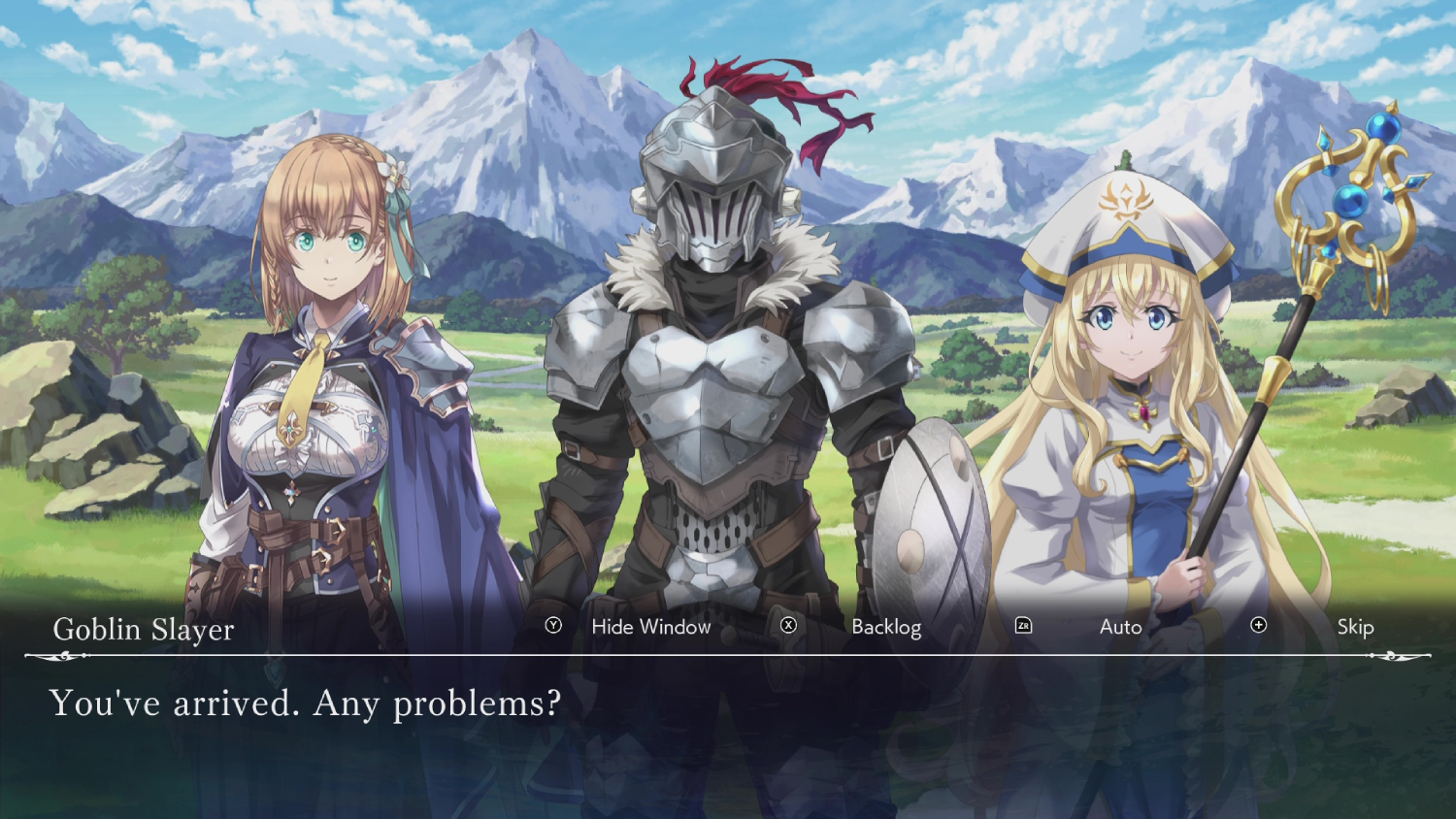 Captura de pantalla de un juego: Tres personajes de anime. Una mujer, un caballero y un clérigo, con texto abajo.