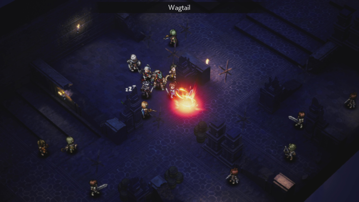 Una escena de videojuego pixelada con personajes luchando en una mazmorra oscura.
