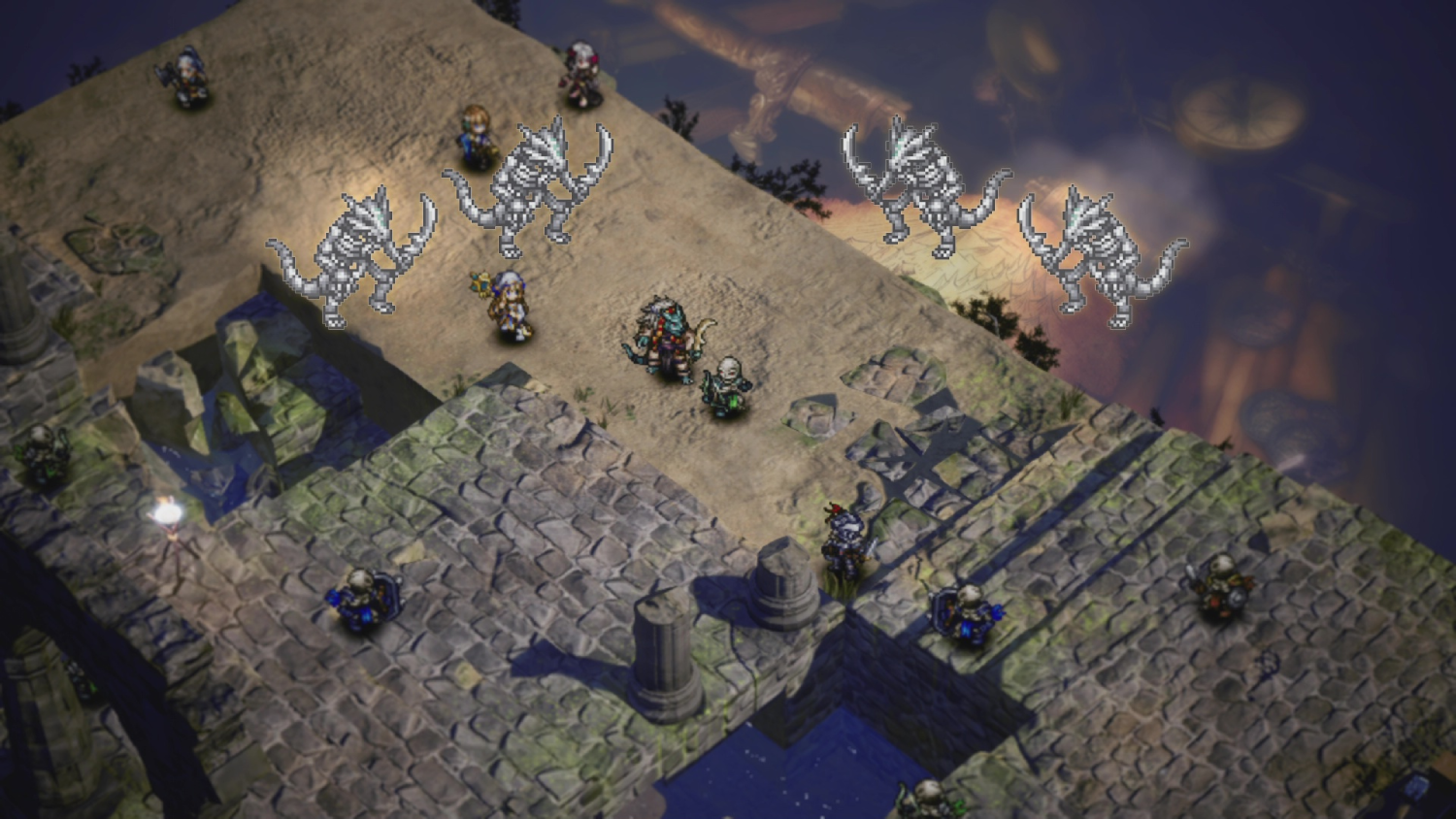 Vista isométrica de una escena de juego. Personajes luchando contra monstruos. Camino y puentes de piedra.