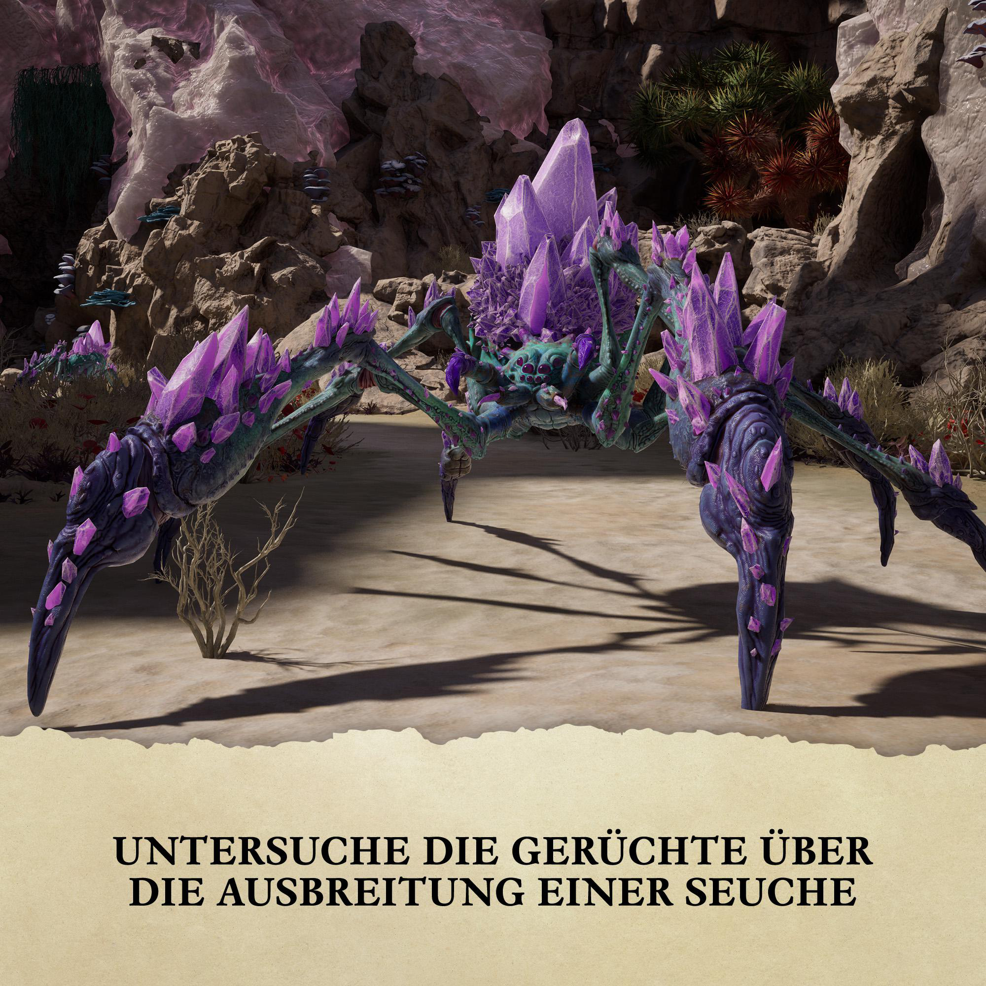 Eine große, lila Kristallspinne mit vielen Beinen steht auf sandigem Untergrund.