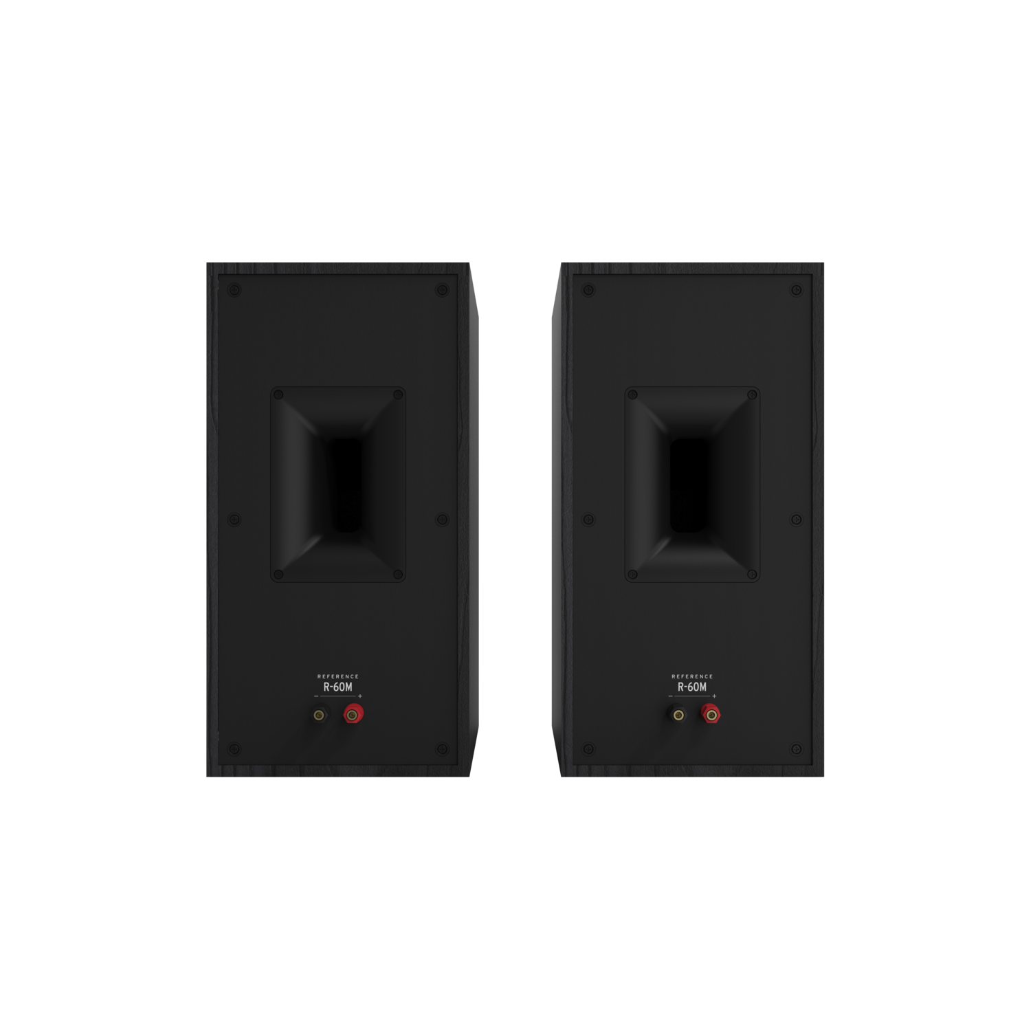 Two black Klipsch R-60M speakers, showing the rear with connectors.