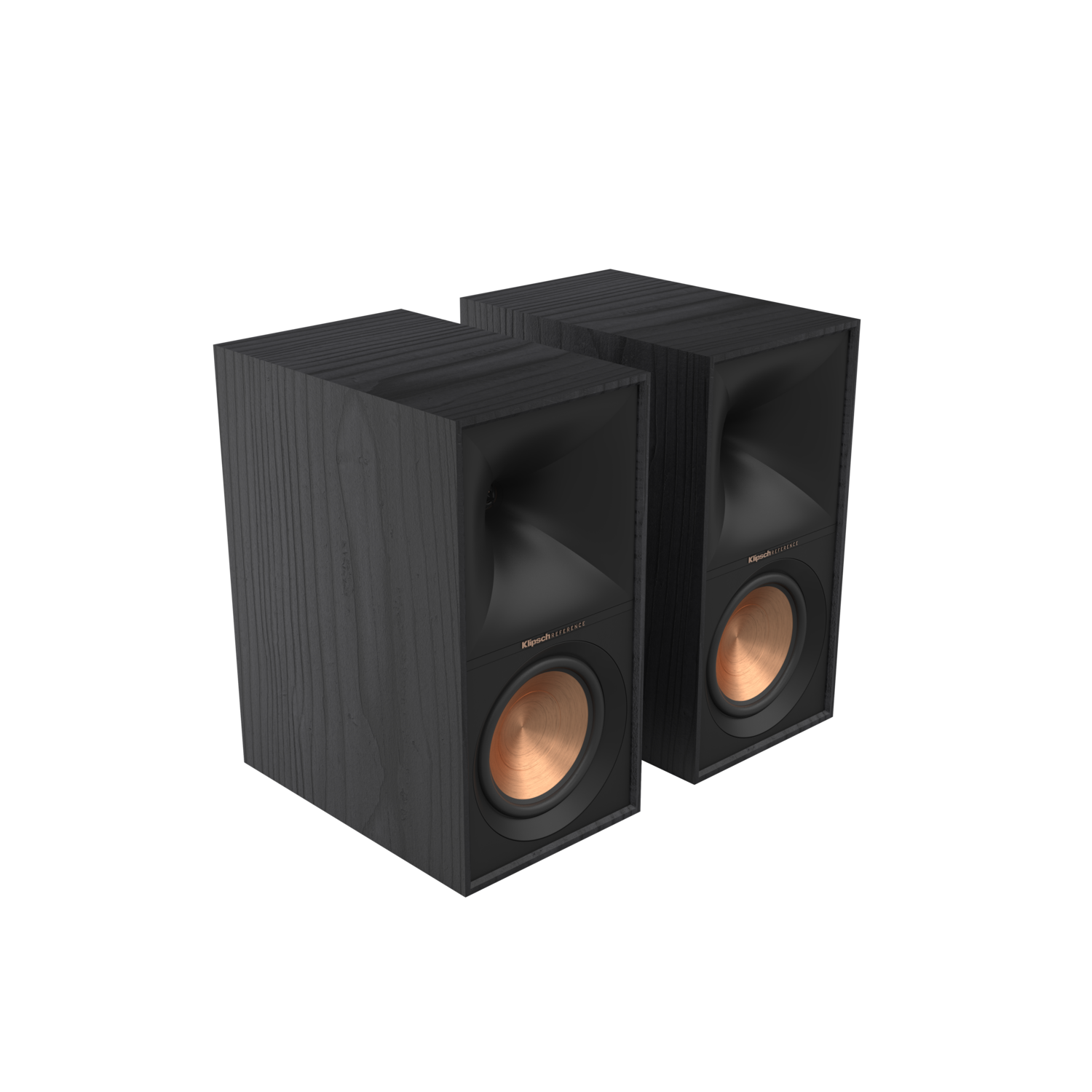 Two black Klipsch speakers, angled view, with copper-colored woofer cones.