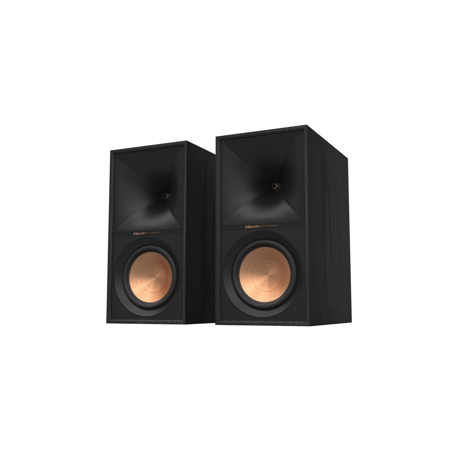 Two black Klipsch speakers, angled view, with copper-colored woofer cones.
