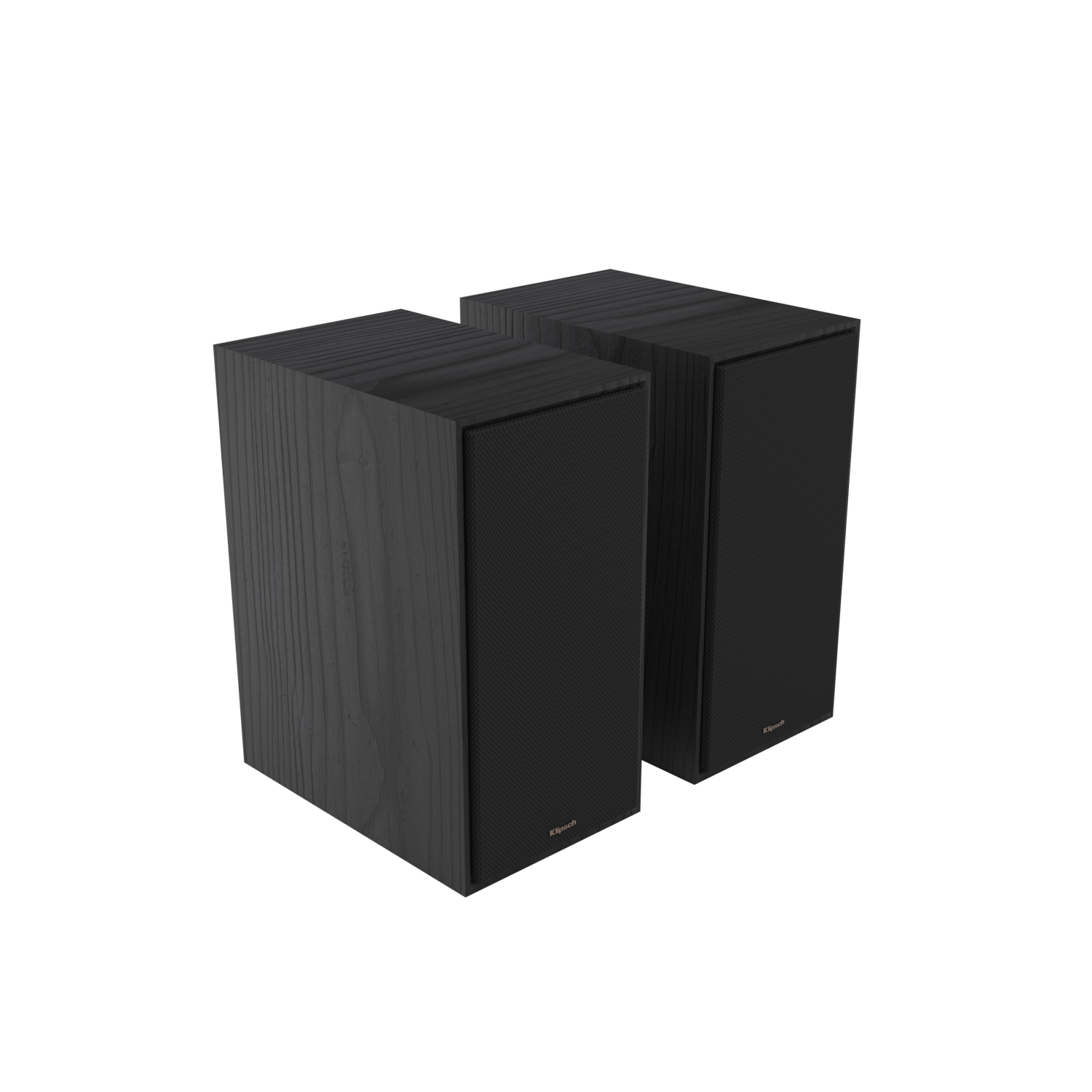 Two black Klipsch speakers on a black surface.