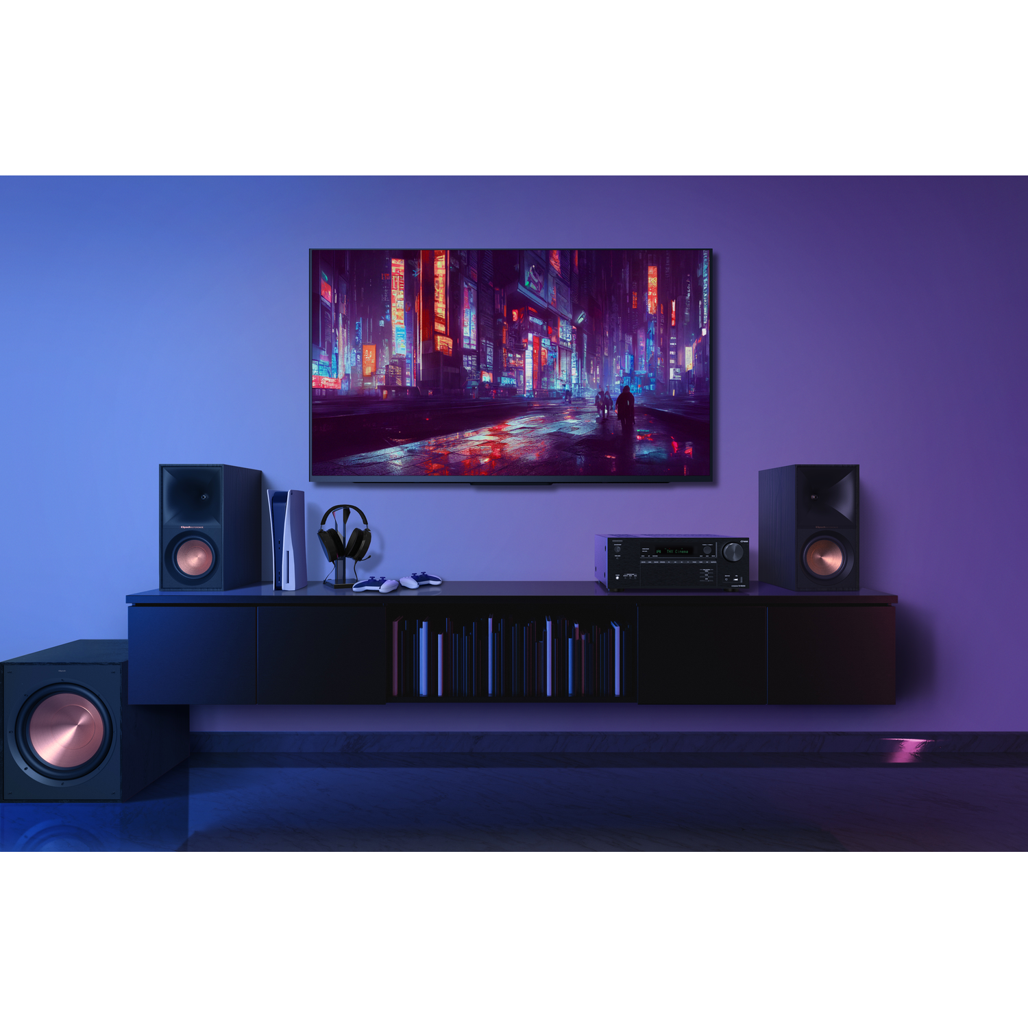 Living room setup with TV, speakers, and a sound system. Purple and blue lighting.