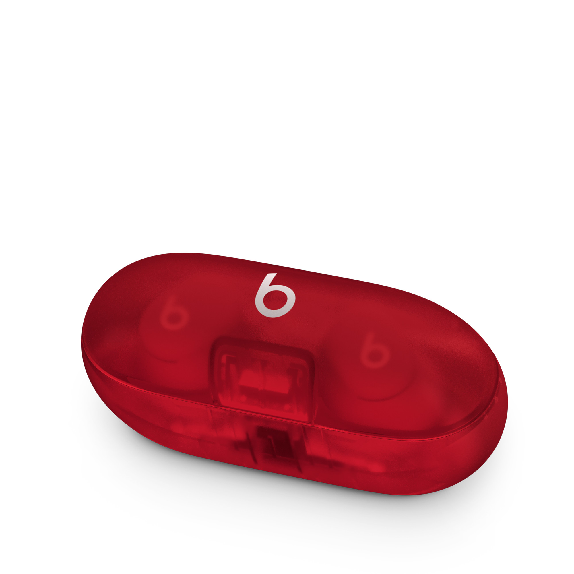 Şeffaf bir kapak ve beyaz renkte 6 numarası bulunan kırmızı bir Beats kulaklık kılıfı.