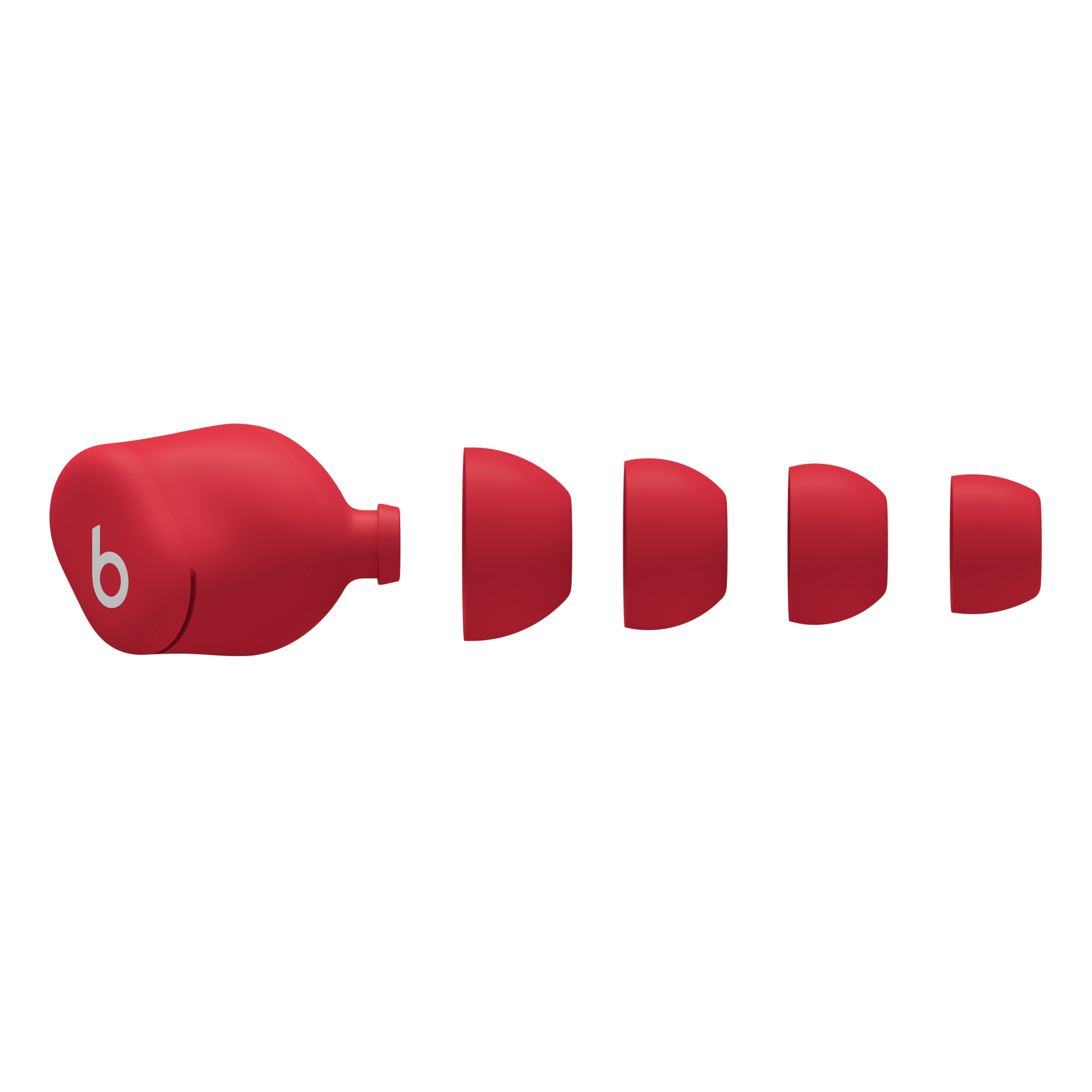 Beyaz bir arka plan üzerinde, uçları olan, bölümlere ayrılmış kırmızı bir Beats kulaklık.