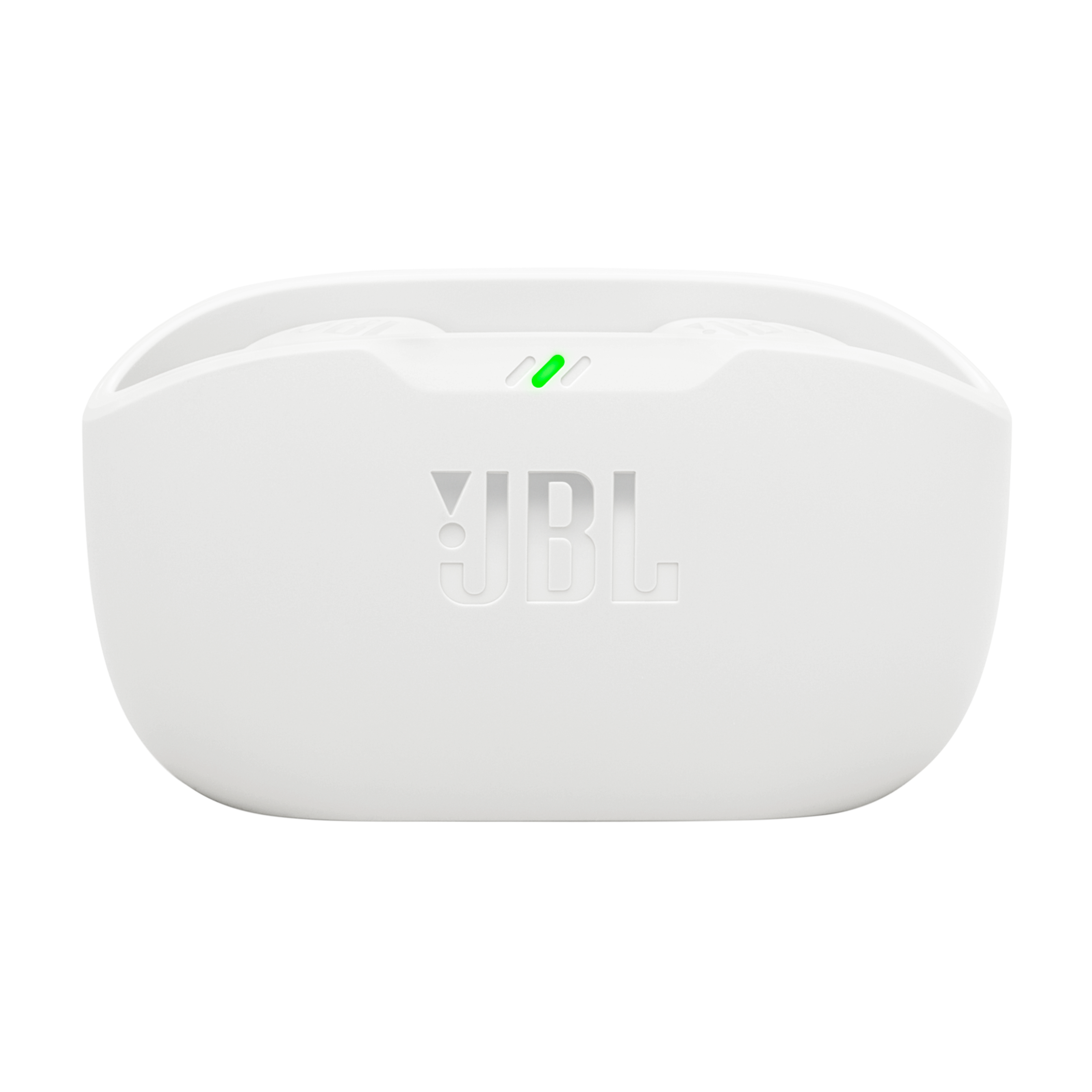 Üstünde yeşil ışık bulunan beyaz JBL şarj kutusu.
