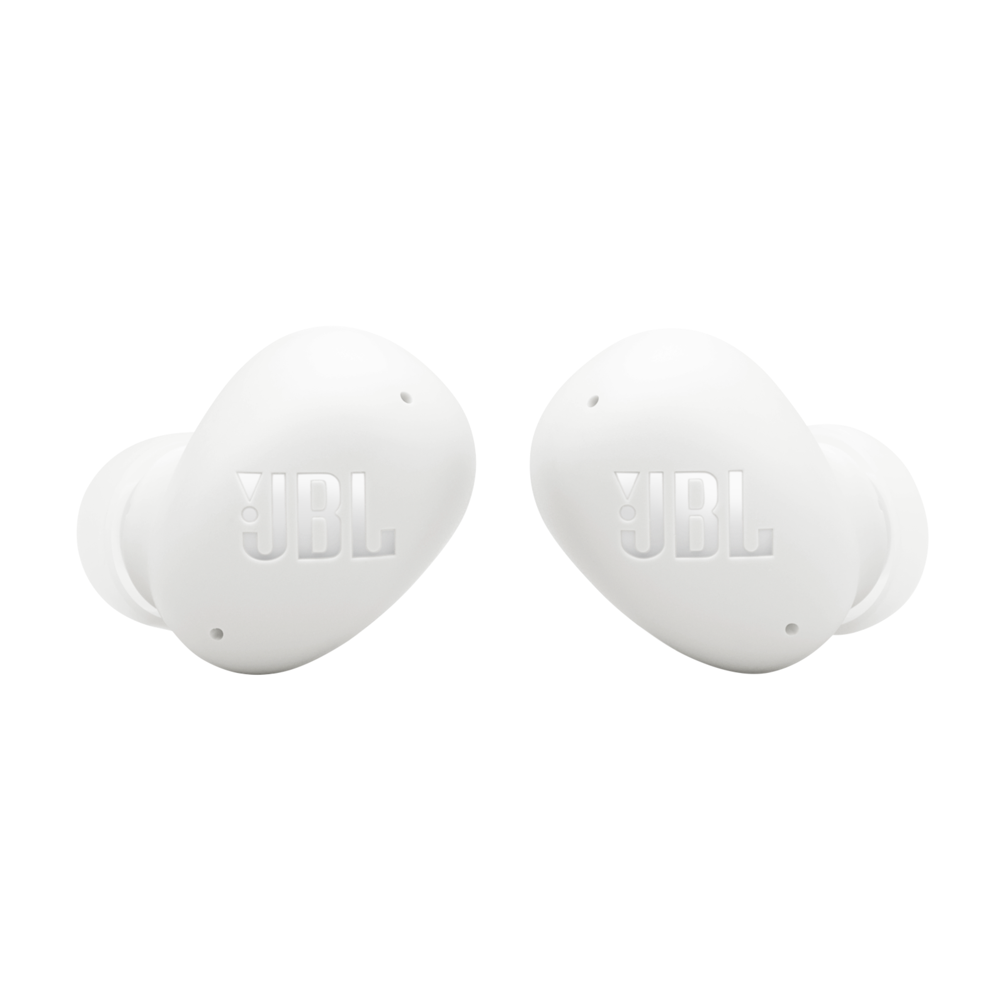 Beyaz JBL kulaklık çifti. JBL logosu her kulaklıkta görünür.