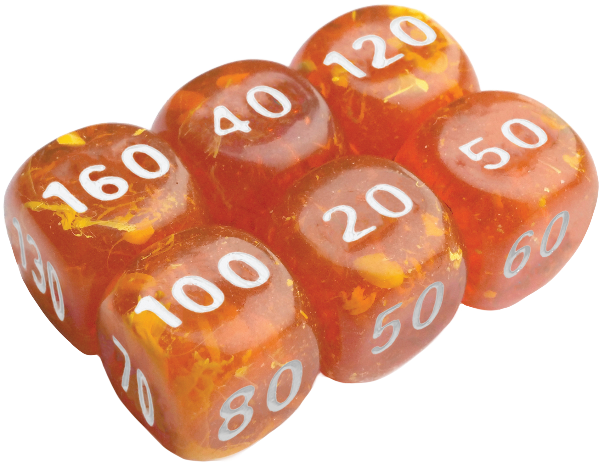 Sechs Würfel mit den Zahlen 20, 40, 50, 60, 80, 100, 120, 160, 130.