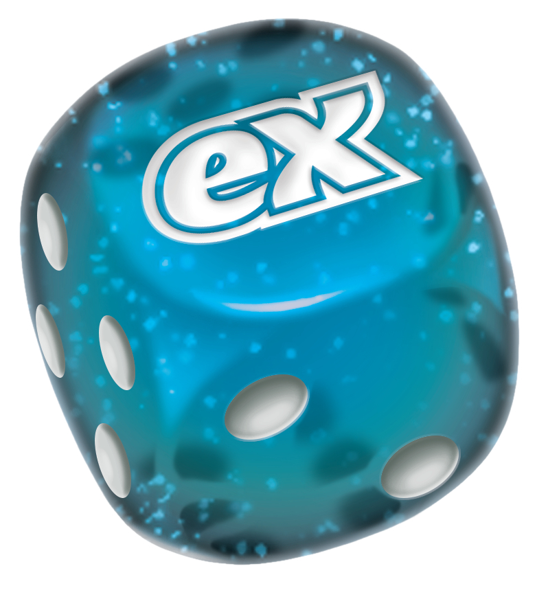 Ein blauer Würfel mit den Buchstaben 'ex' und Zahlen auf weißem Hintergrund.