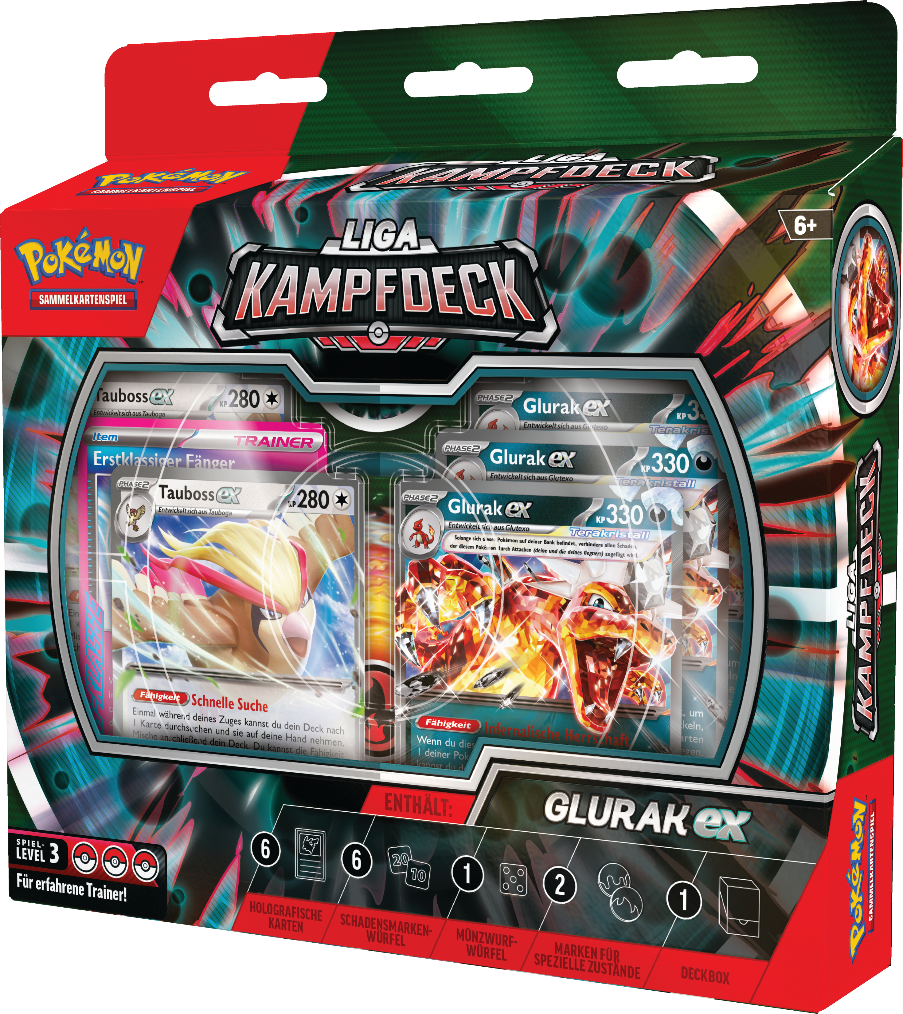 Pokemon-Kartenspielbox mit Charakterbildern und Text auf Deutsch.