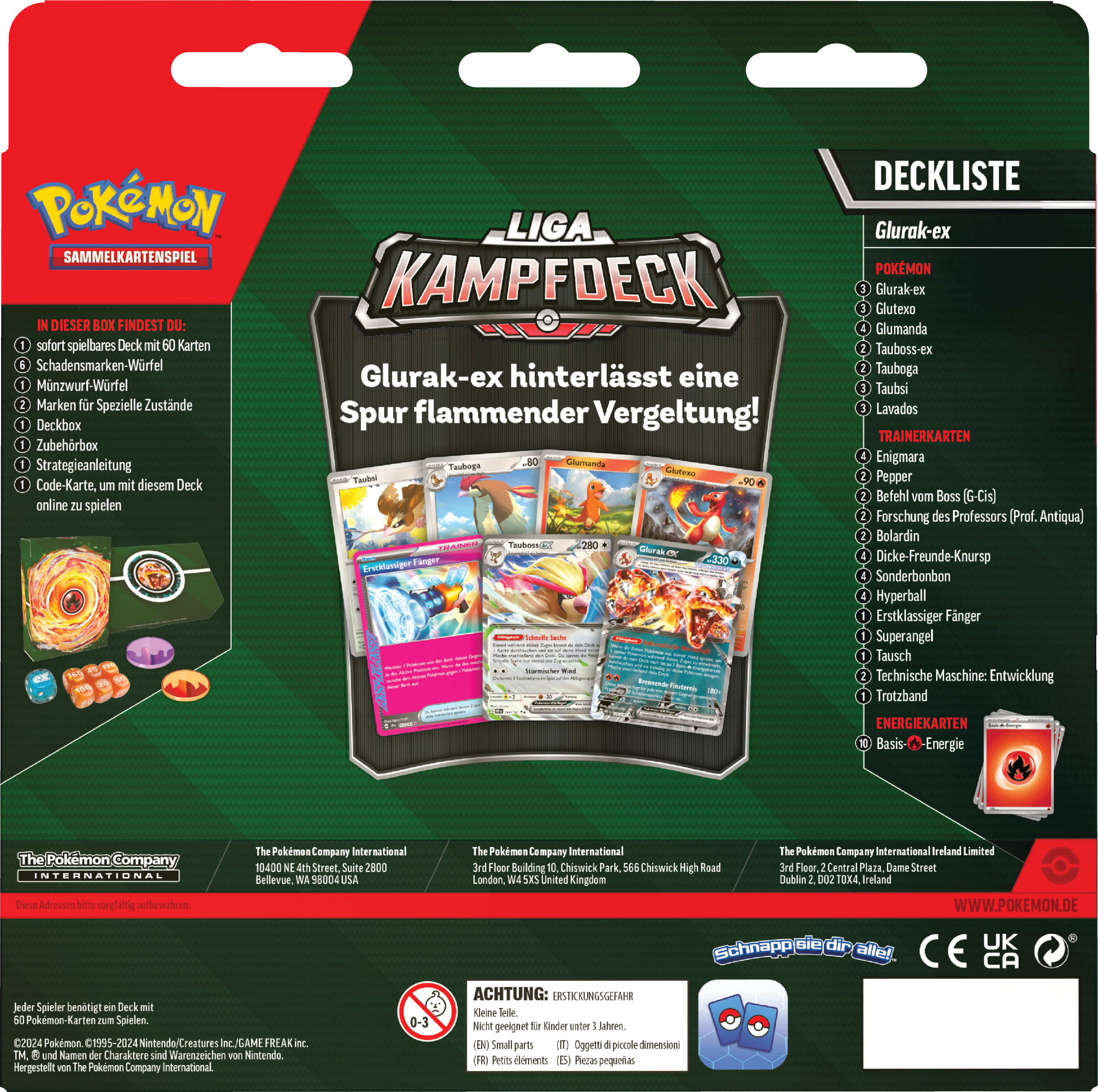Die Rückseite einer Pokémon Trading Card Game Box mit Karten, Logo und Text.