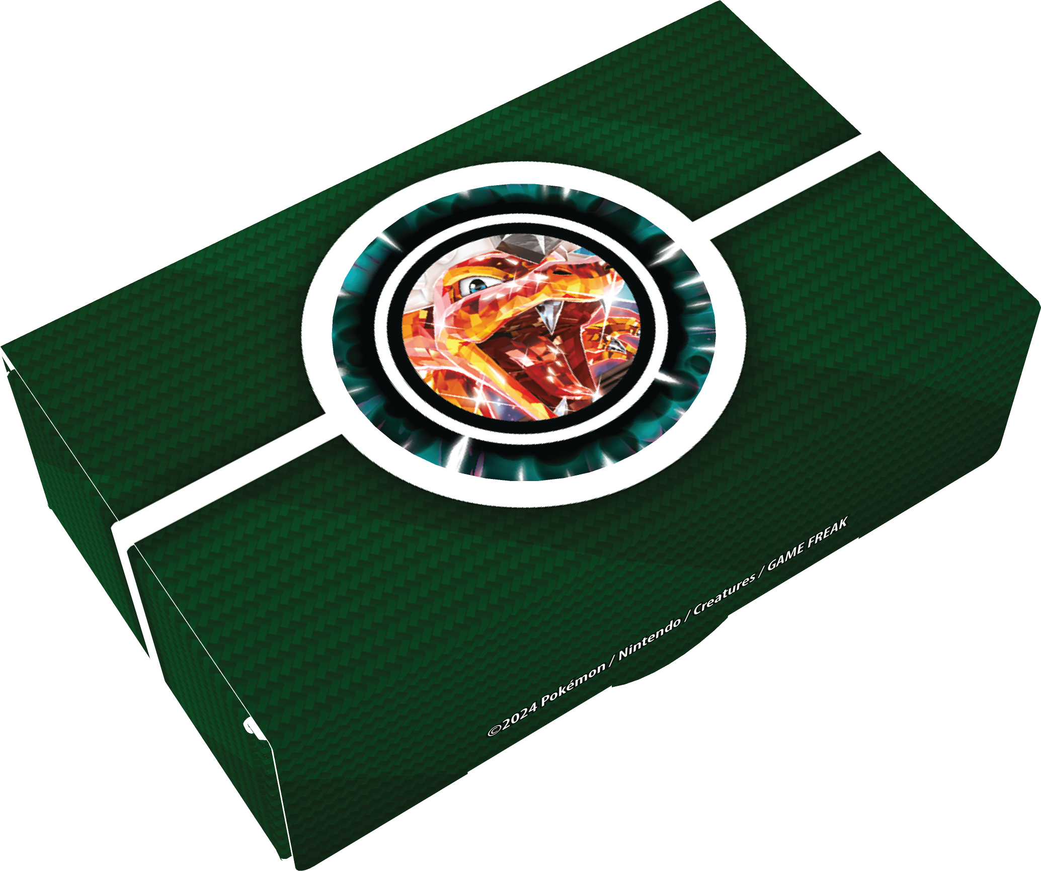 Dunkelgrüne Box mit einem Pokémon-Kartenbild oben. Die Box hat einen weißen Streifen.