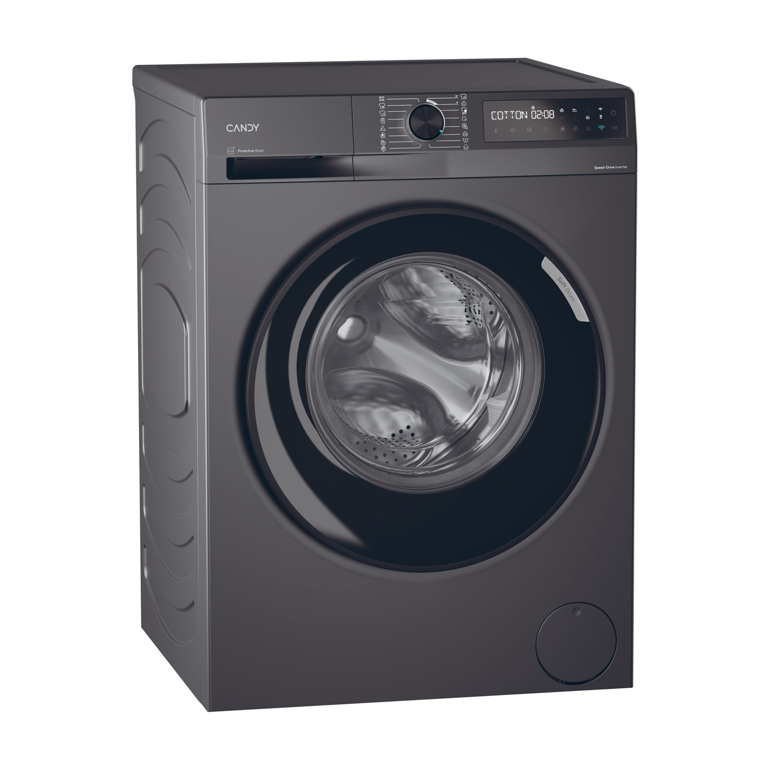 Lavatrice nera con display digitale e porta rotonda.