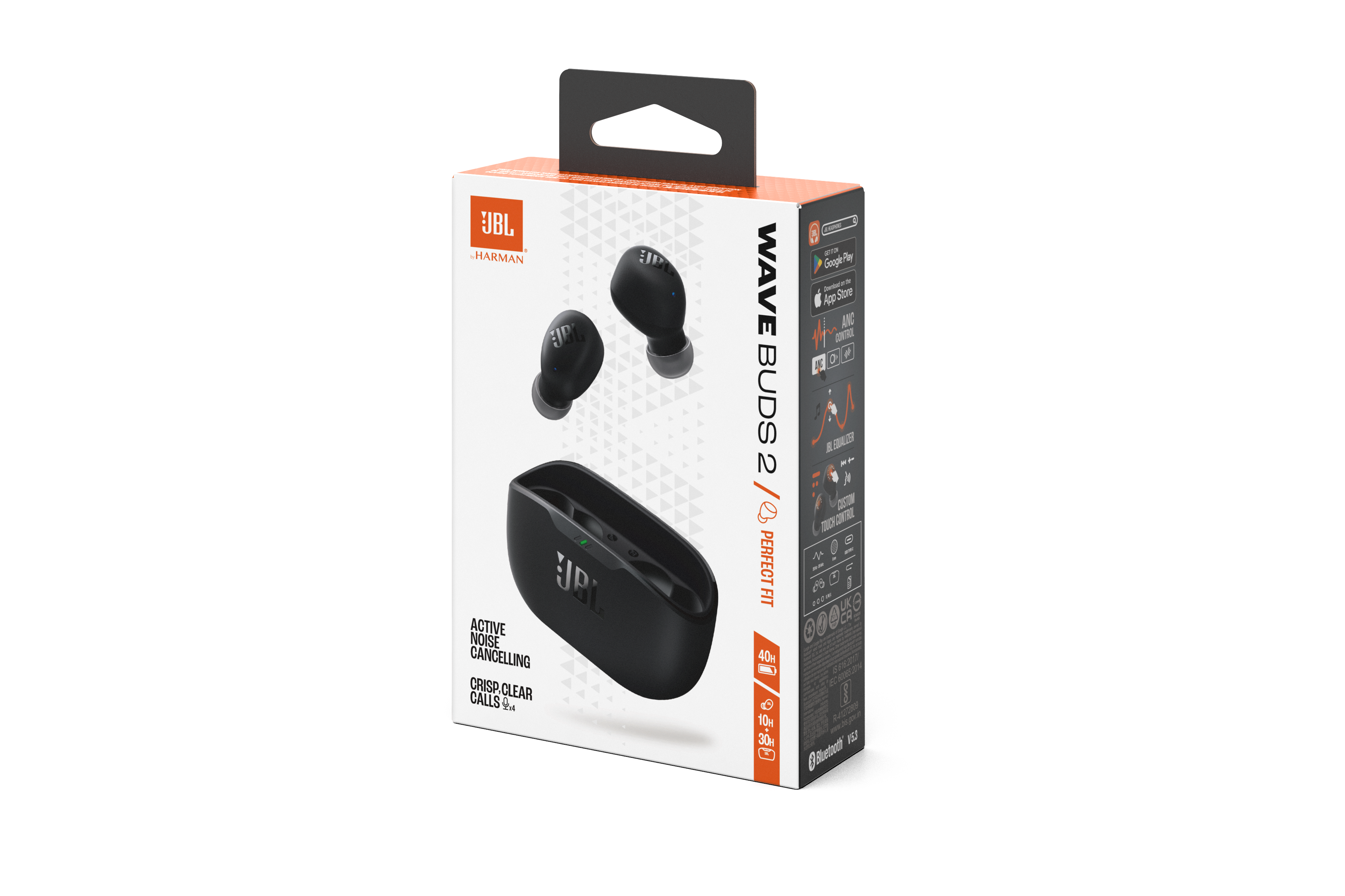 JBL Wave Buds 2 kutusu. Kulaklıkları, şarj kutusunu ve özellikleri beyaz bir arka planda gösterir.