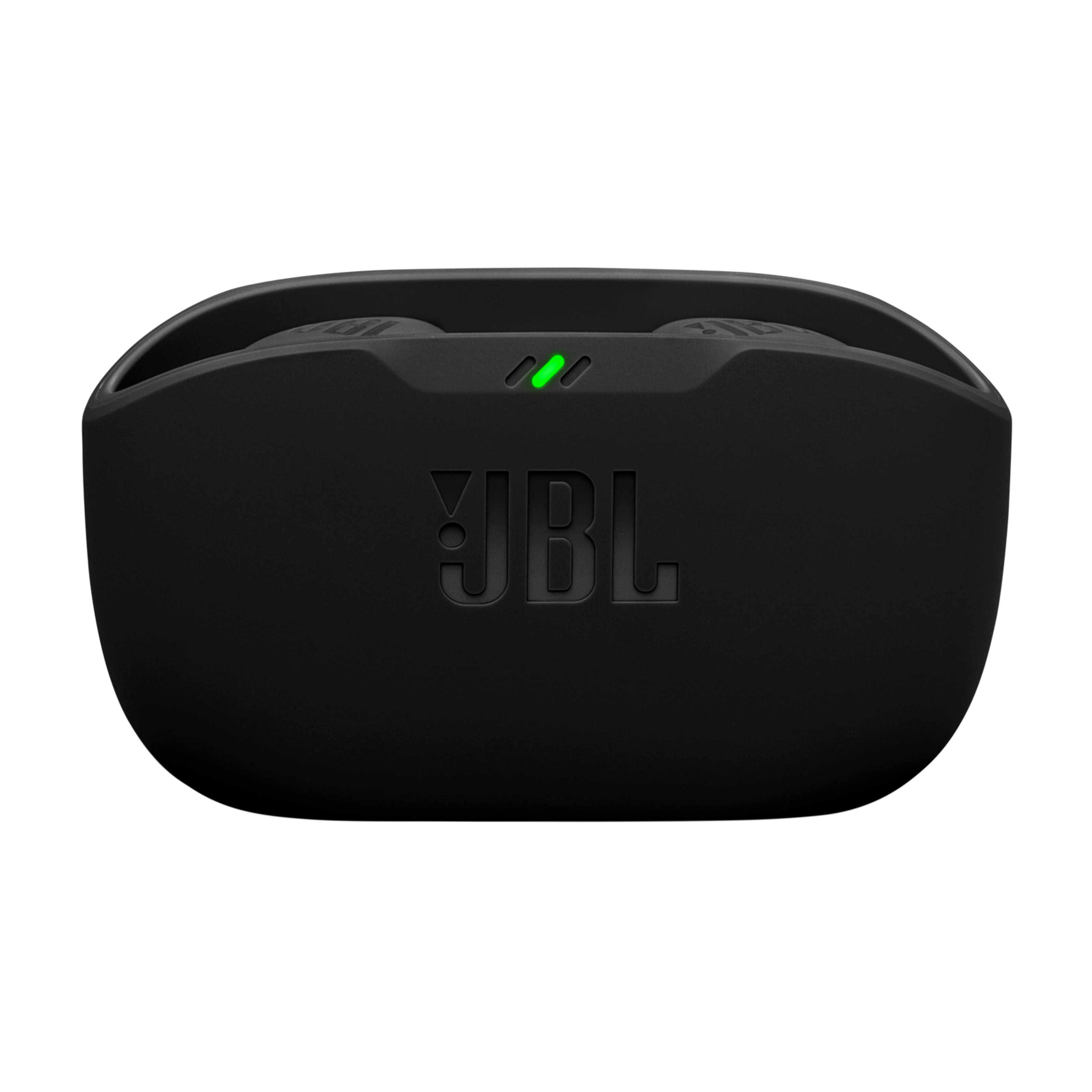 Siyah JBL kulaklık şarj kutusu, açık. İçinde yeşil ışıklar görünür, JBL logosu ile.
