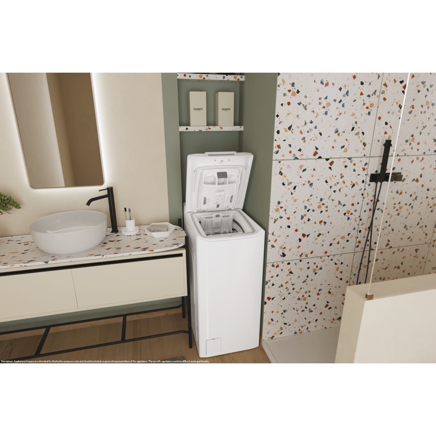 Interni bagno con una lavatrice bianca. La parte superiore è aperta, rivelando l'interno.