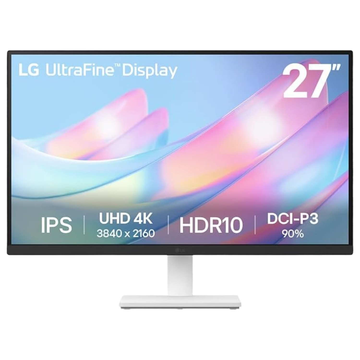 27" LG monitor. White stand, black screen, IPS, 4K, HDR10, and DCI-P3.