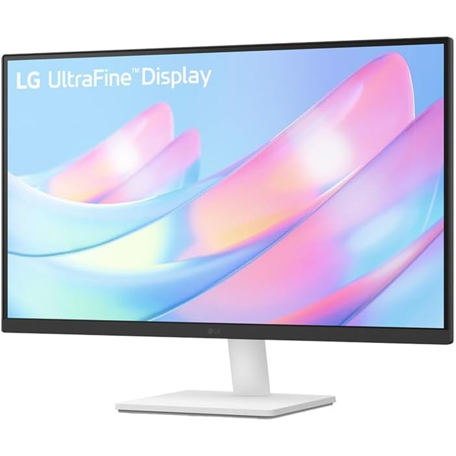 LG UltraFine display monitor, white stand, colorful curved background.