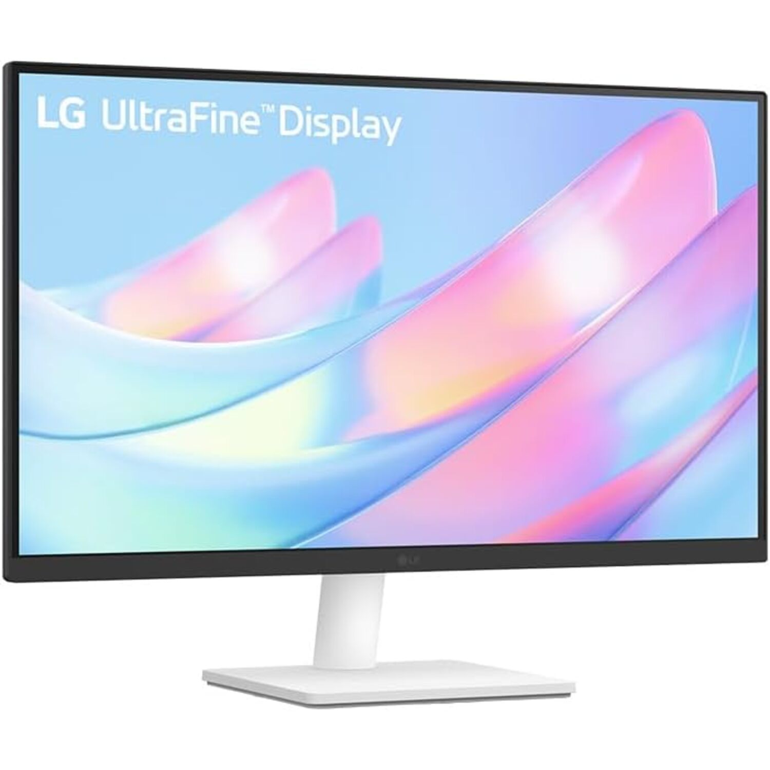 An LG UltraFine display monitor with a white stand, showing colorful abstract shapes.