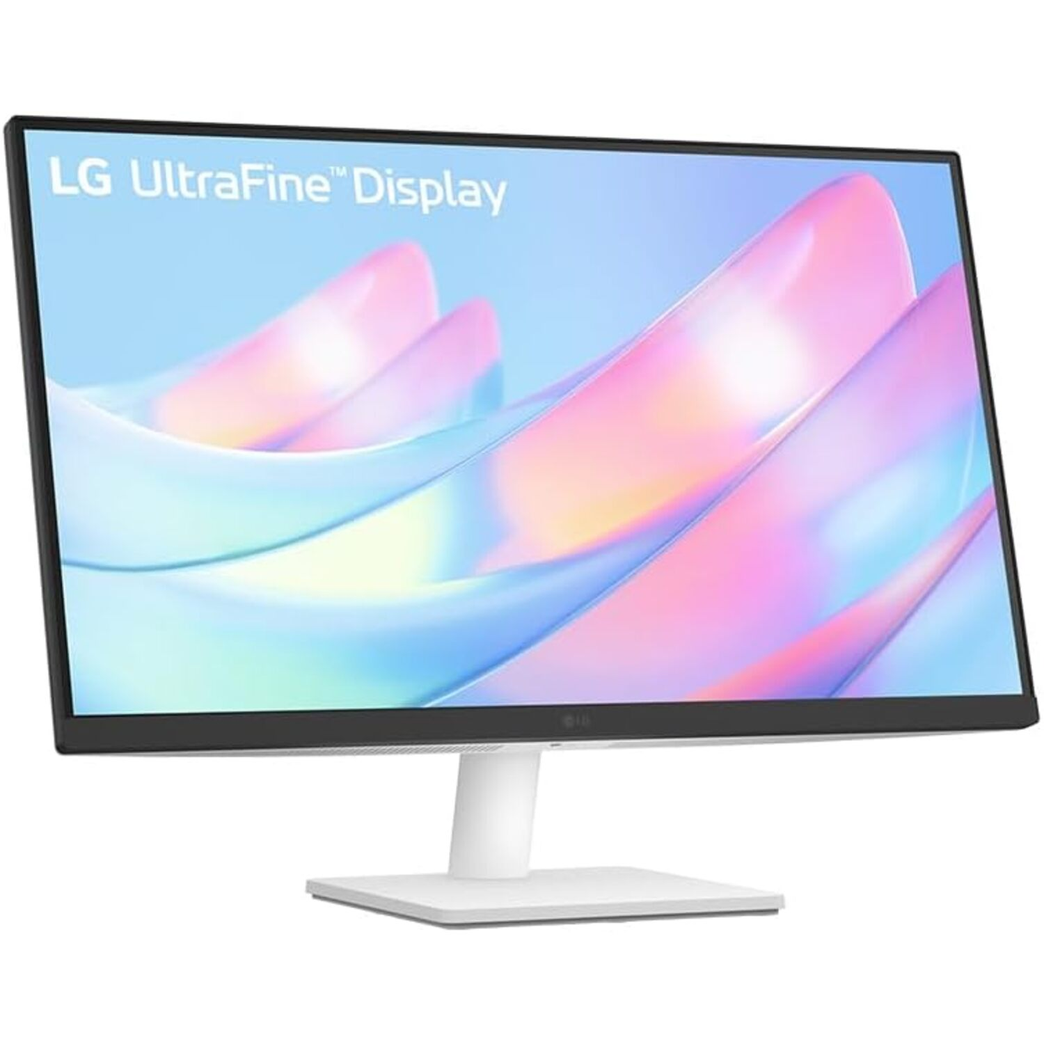 LG UltraFine Display monitor with a white stand and frame.