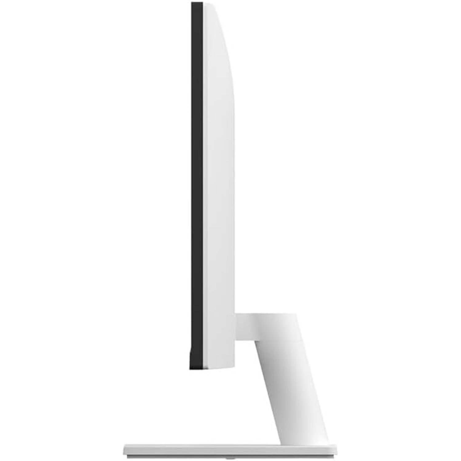 Side view of white computer monitor with black border. The monitor is on a white stand against a white background.