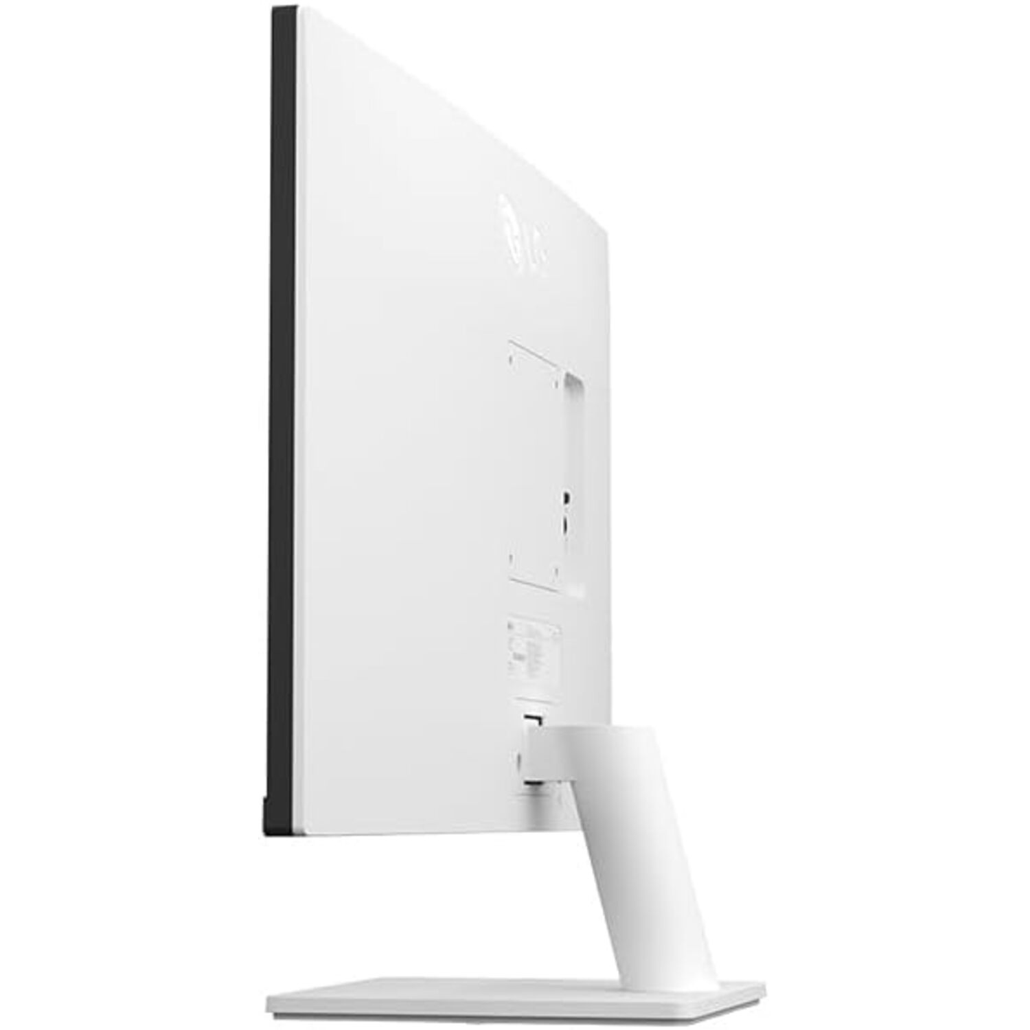 White computer monitor from side, stand attached.
